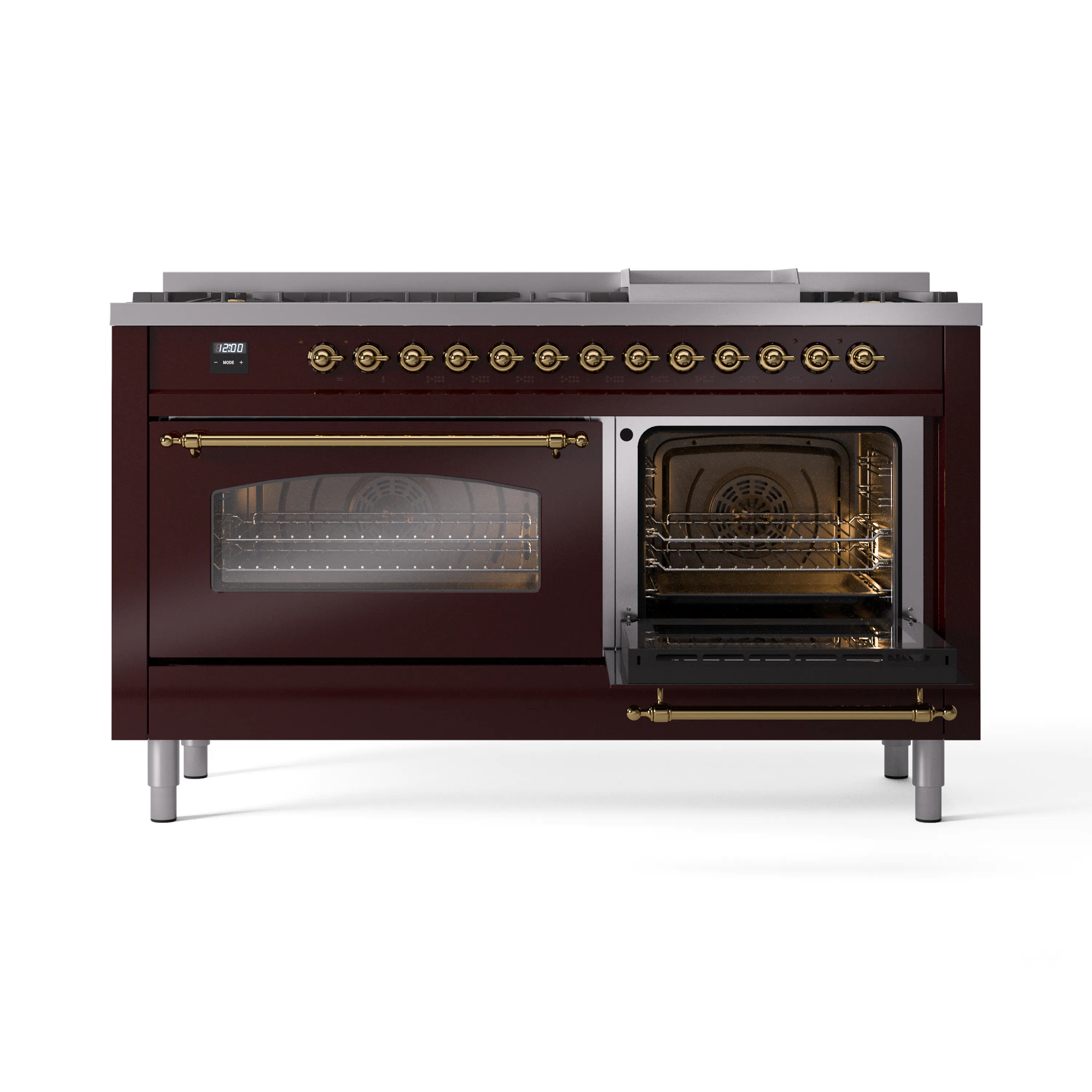 ILVE 60-Inch Nostalgie II Natural Gas Dual Fuel Range with 9 Burners, Griddle and Triple Glass Door Oven in Burgundy with Brass Trim (UP60FNMPBUG) - Image 7