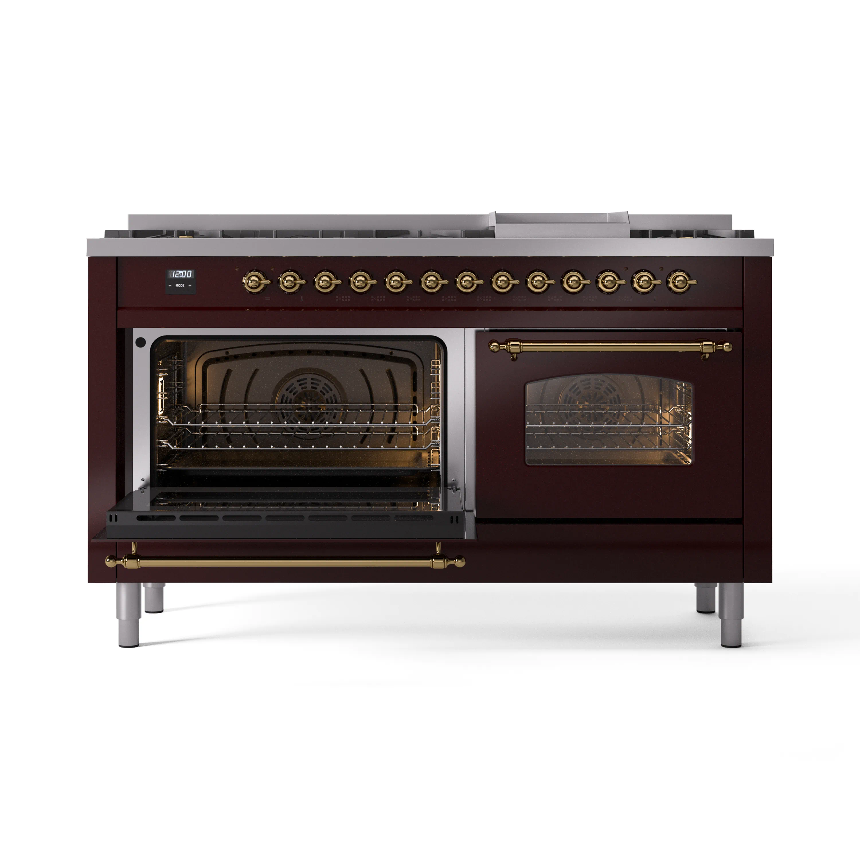 ILVE 60-Inch Nostalgie II Natural Gas Dual Fuel Range with 9 Burners, Griddle and Triple Glass Door Oven in Burgundy with Brass Trim (UP60FNMPBUG) - Image 8