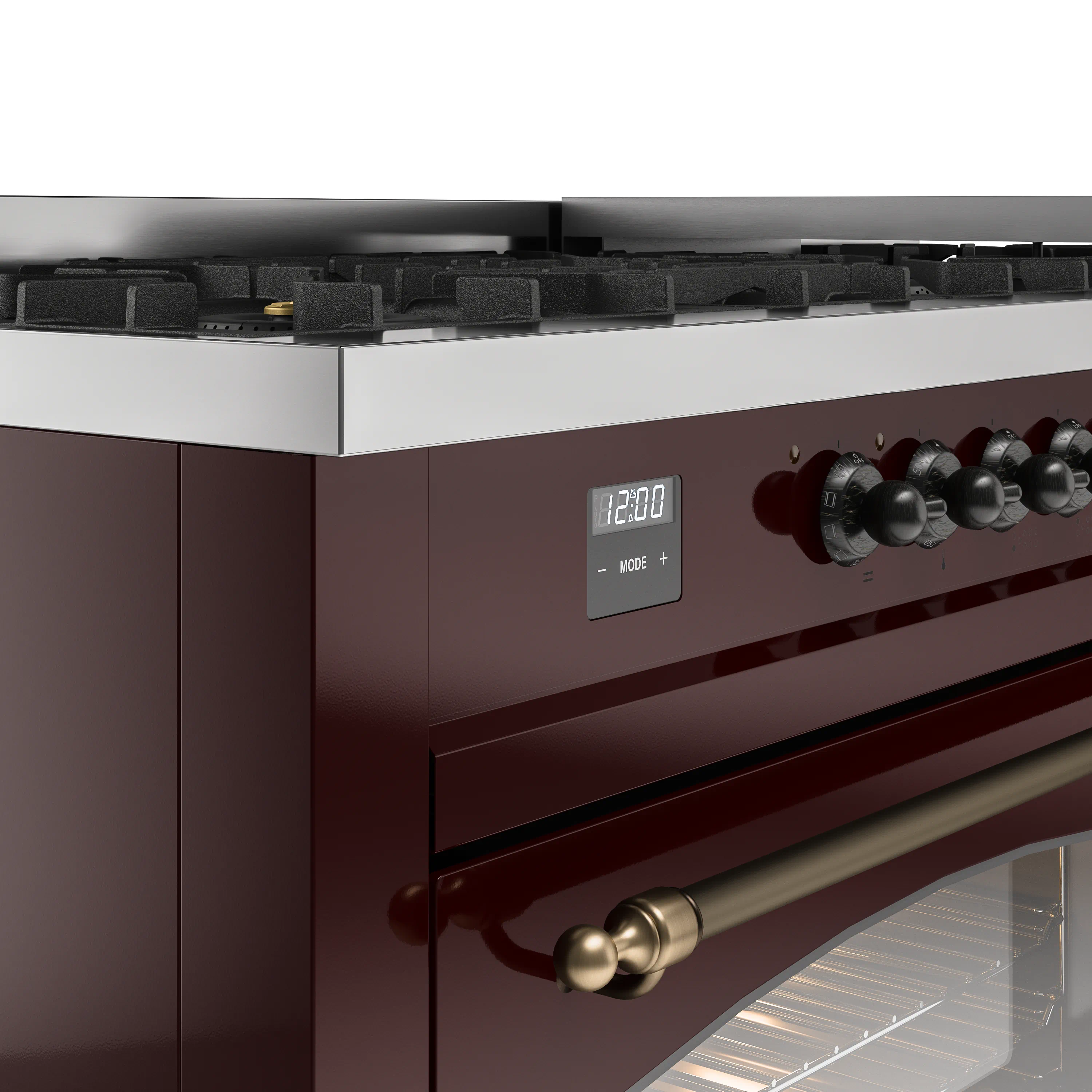 ILVE 60-Inch Nostalgie II Natural Gas Dual Fuel Range with 9 Burners, Griddle and Triple Glass Door Oven in Burgundy with Bronze Trim (UP60FNMPBUB) - Image 3