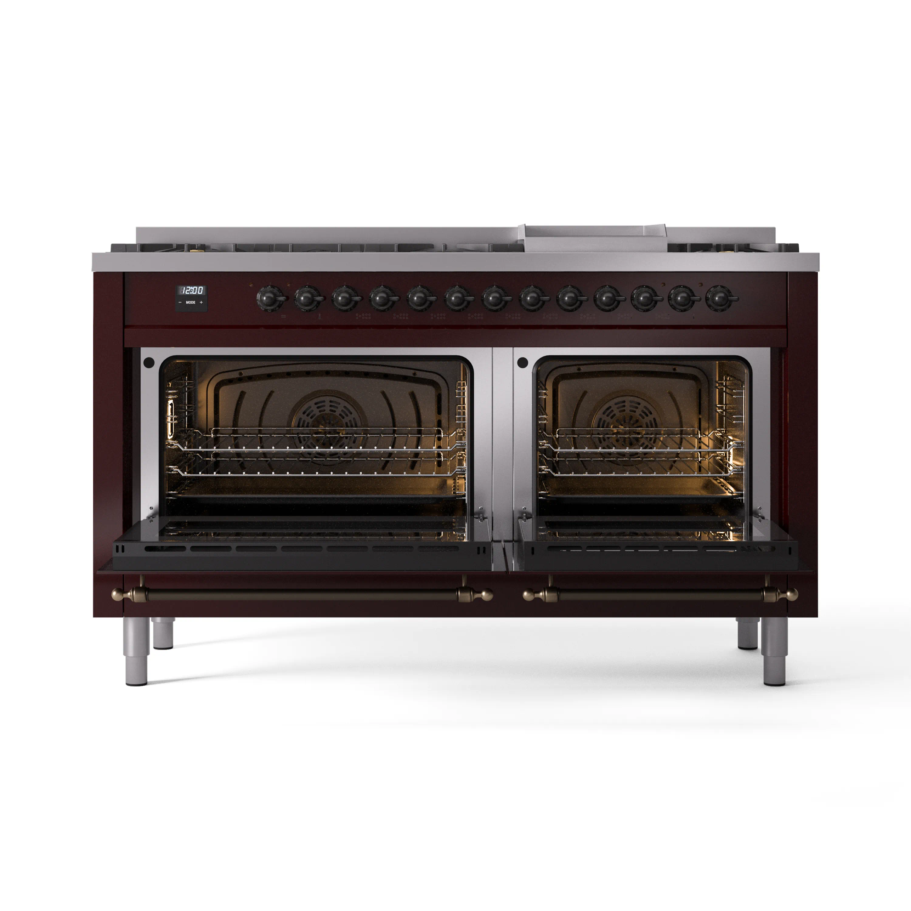 ILVE 60-Inch Nostalgie II Natural Gas Dual Fuel Range with 9 Burners, Griddle and Triple Glass Door Oven in Burgundy with Bronze Trim (UP60FNMPBUB) - Image 5