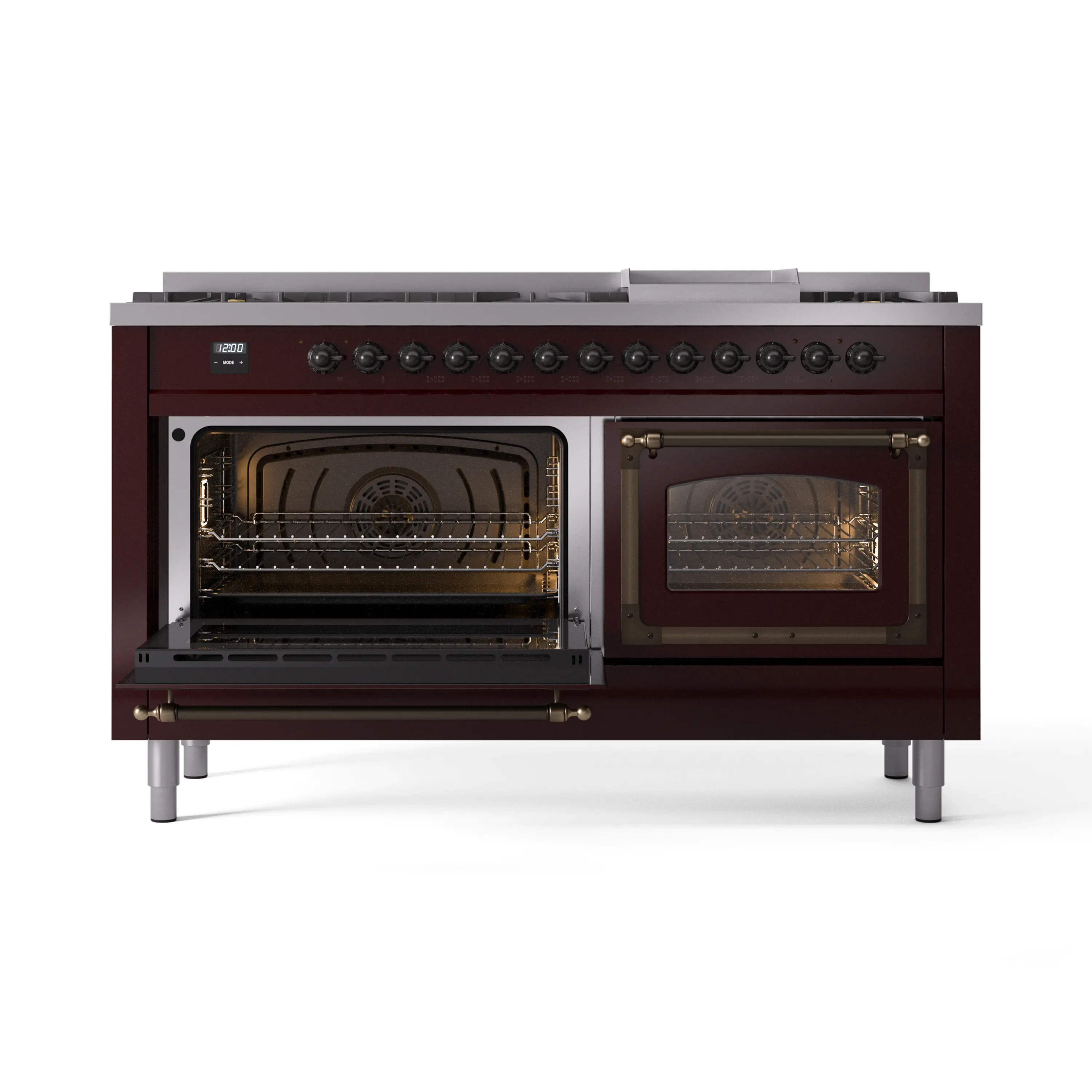 ILVE 60-Inch Nostalgie II Natural Gas Dual Fuel Range with 9 Burners, Griddle and Triple Glass Door Oven in Burgundy with Bronze Trim (UP60FNMPBUB) - Image 6