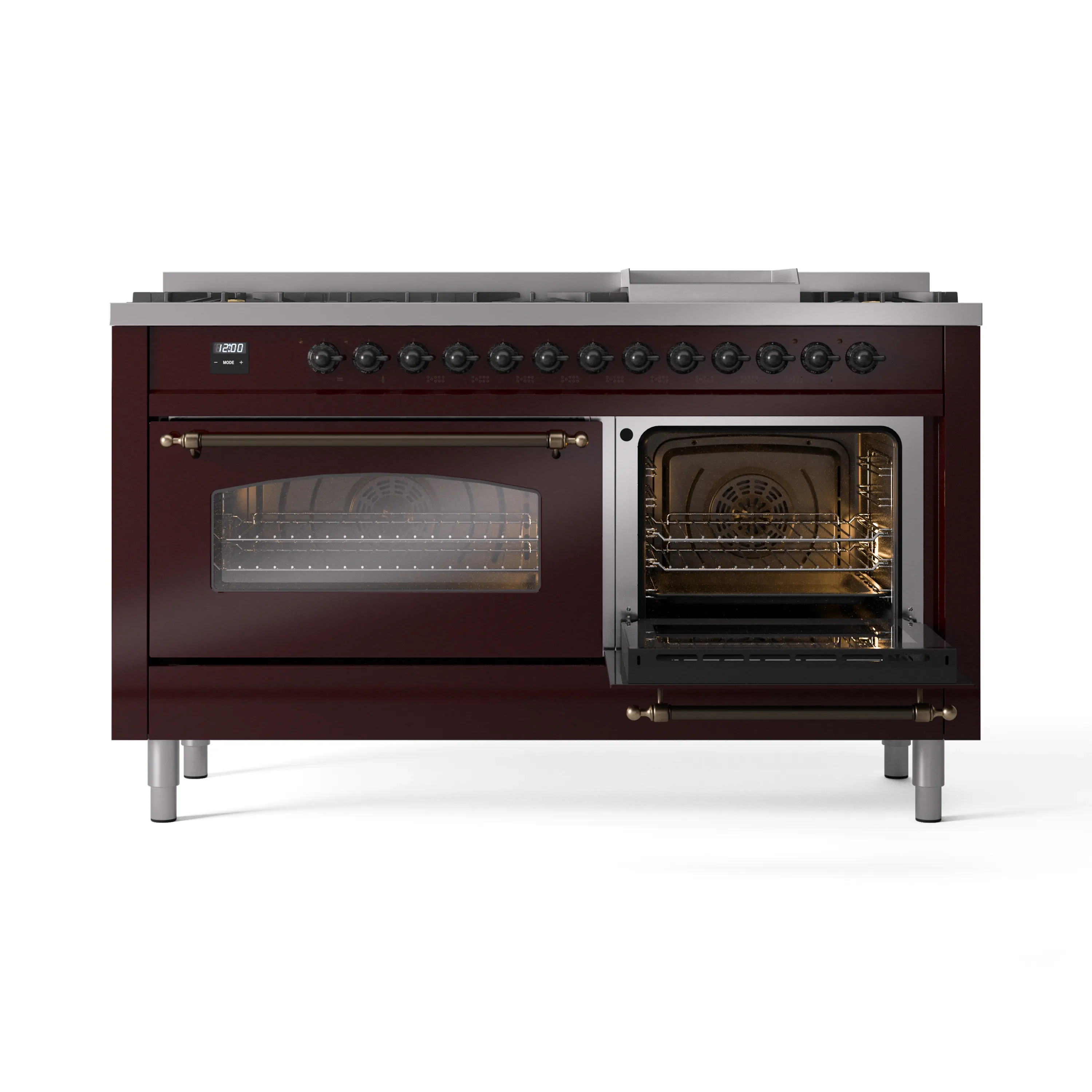ILVE 60-Inch Nostalgie II Natural Gas Dual Fuel Range with 9 Burners, Griddle and Triple Glass Door Oven in Burgundy with Bronze Trim (UP60FNMPBUB) - Image 7