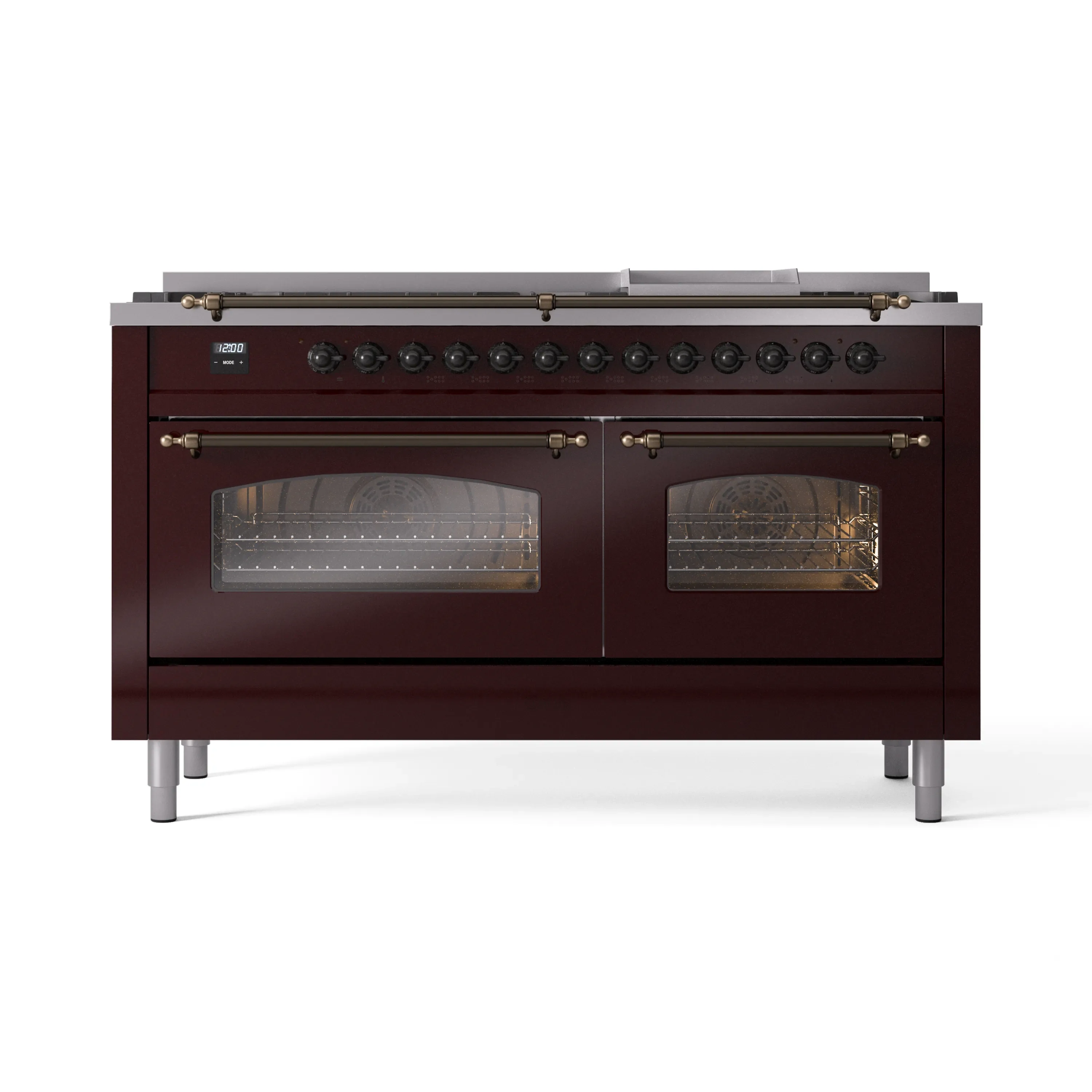 ILVE 60-Inch Nostalgie II Natural Gas Dual Fuel Range with 9 Burners, Griddle and Triple Glass Door Oven in Burgundy with Bronze Trim (UP60FNMPBUB) - Image 8