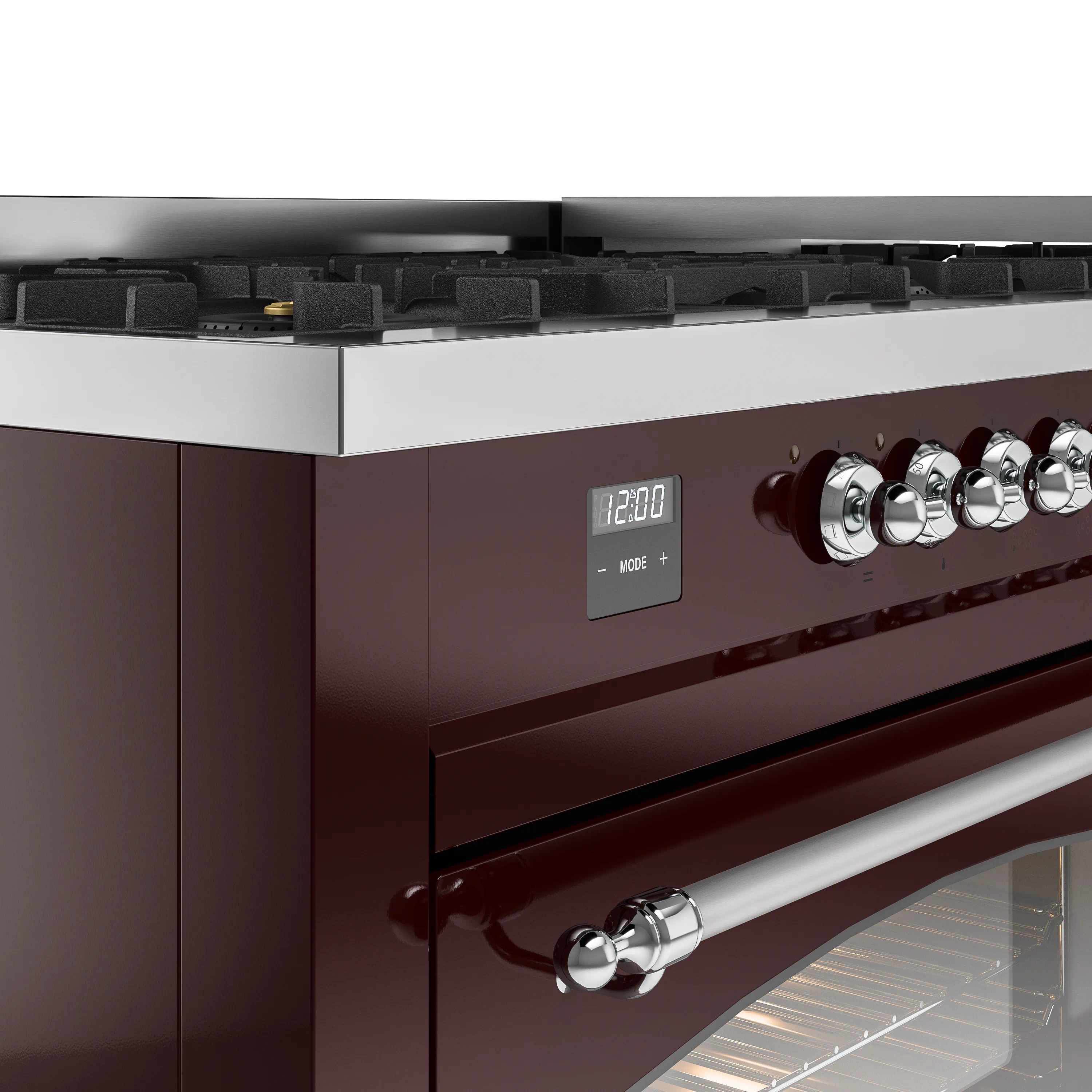ILVE 60-Inch Nostalgie II Natural Gas Dual Fuel Range with 9 Burners, Griddle and Triple Glass Door Oven in Burgundy with Chrome Trim (UP60FNMPBUC) - Image 10