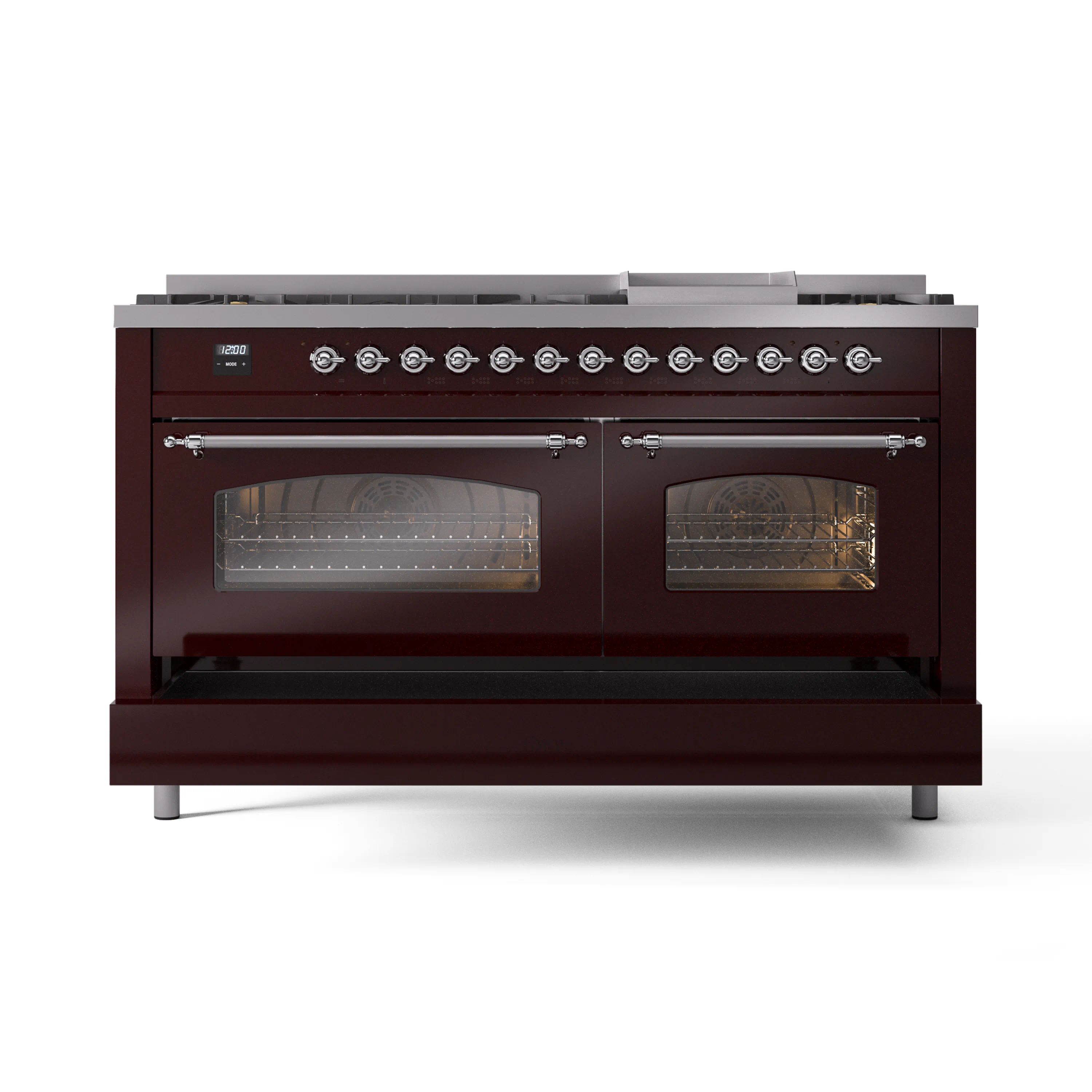 ILVE 60-Inch Nostalgie II Natural Gas Dual Fuel Range with 9 Burners, Griddle and Triple Glass Door Oven in Burgundy with Chrome Trim (UP60FNMPBUC) - Image 2