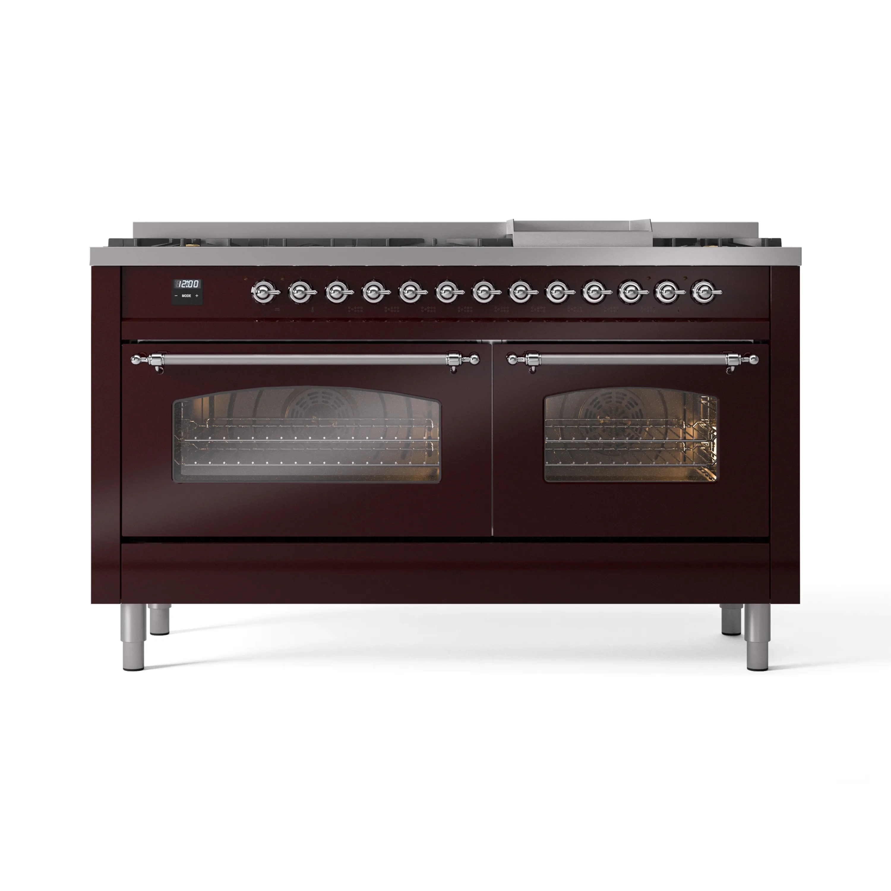 ILVE 60-Inch Nostalgie II Natural Gas Dual Fuel Range with 9 Burners, Griddle and Triple Glass Door Oven in Burgundy with Chrome Trim (UP60FNMPBUC) - Image 3