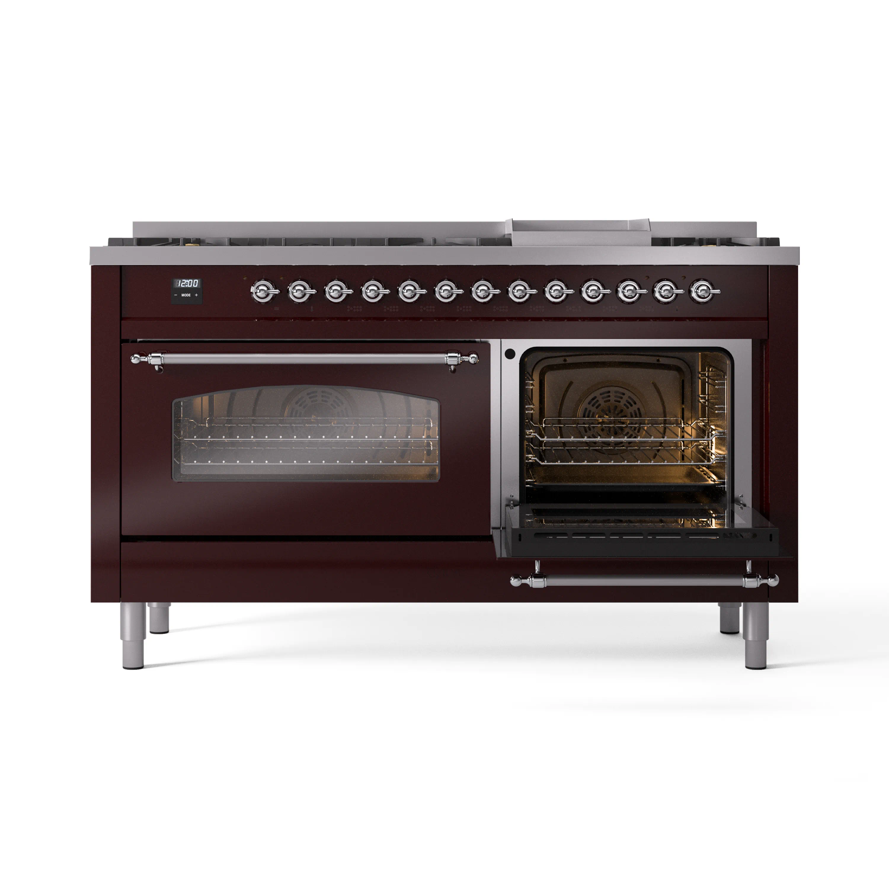 ILVE 60-Inch Nostalgie II Natural Gas Dual Fuel Range with 9 Burners, Griddle and Triple Glass Door Oven in Burgundy with Chrome Trim (UP60FNMPBUC) - Image 5