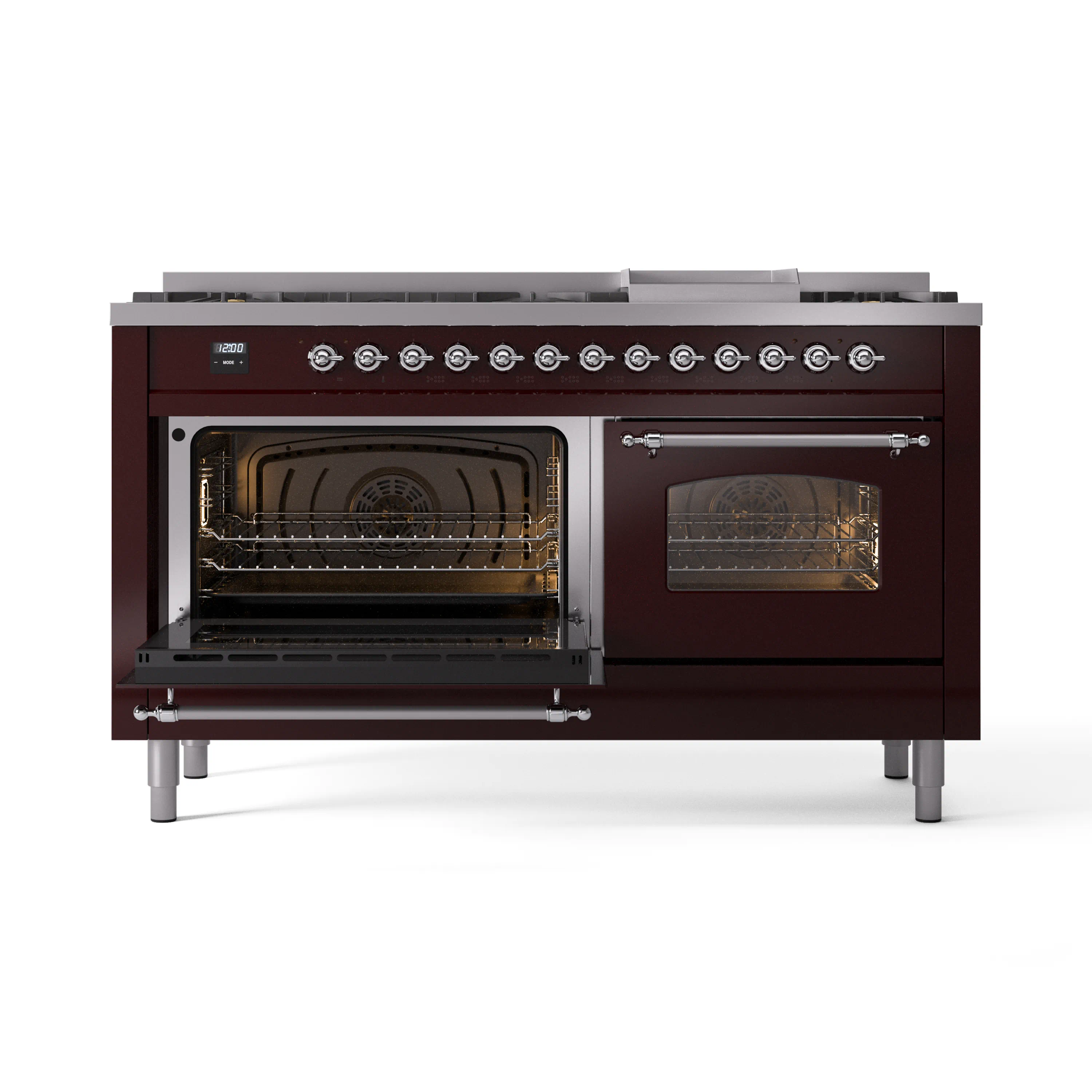 ILVE 60-Inch Nostalgie II Natural Gas Dual Fuel Range with 9 Burners, Griddle and Triple Glass Door Oven in Burgundy with Chrome Trim (UP60FNMPBUC) - Image 6