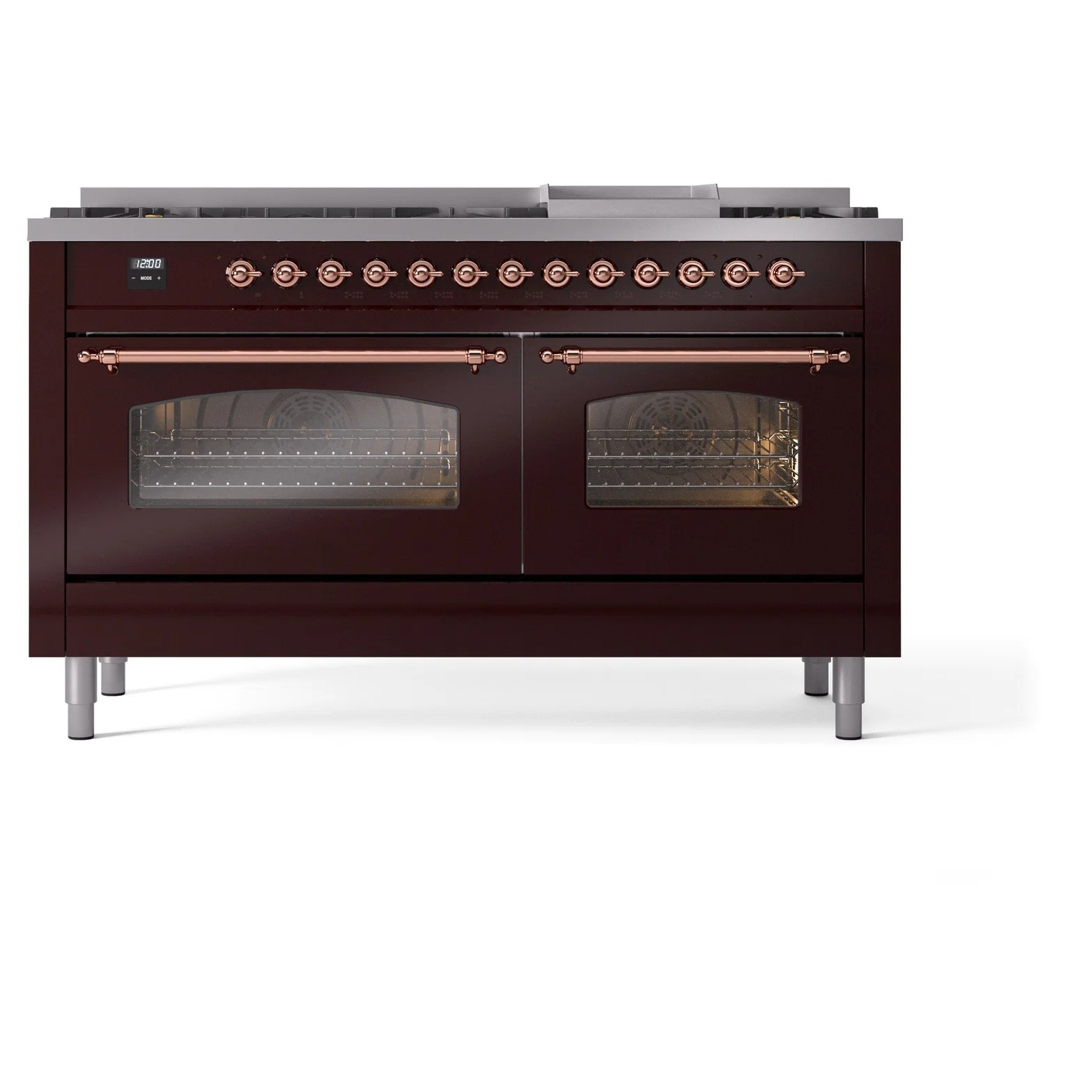 ILVE 60-Inch Nostalgie II Natural Gas Dual Fuel Range with 9 Burners, Griddle and Triple Glass Door Oven in Burgundy with Copper Trim (UP60FNMPBUP) - Image 2