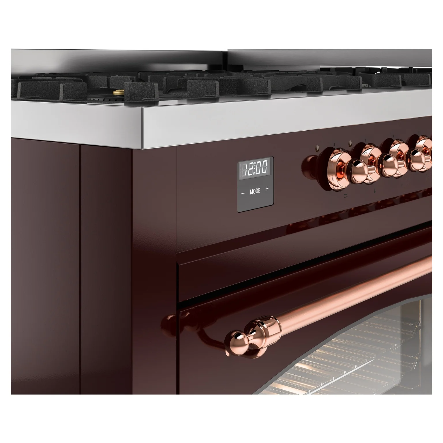 ILVE 60-Inch Nostalgie II Natural Gas Dual Fuel Range with 9 Burners, Griddle and Triple Glass Door Oven in Burgundy with Copper Trim (UP60FNMPBUP) - Image 3