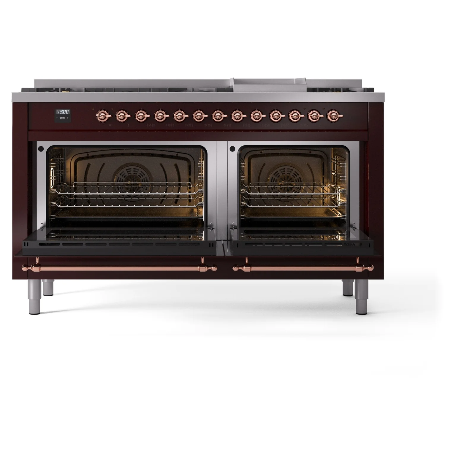 ILVE 60-Inch Nostalgie II Natural Gas Dual Fuel Range with 9 Burners, Griddle and Triple Glass Door Oven in Burgundy with Copper Trim (UP60FNMPBUP) - Image 5