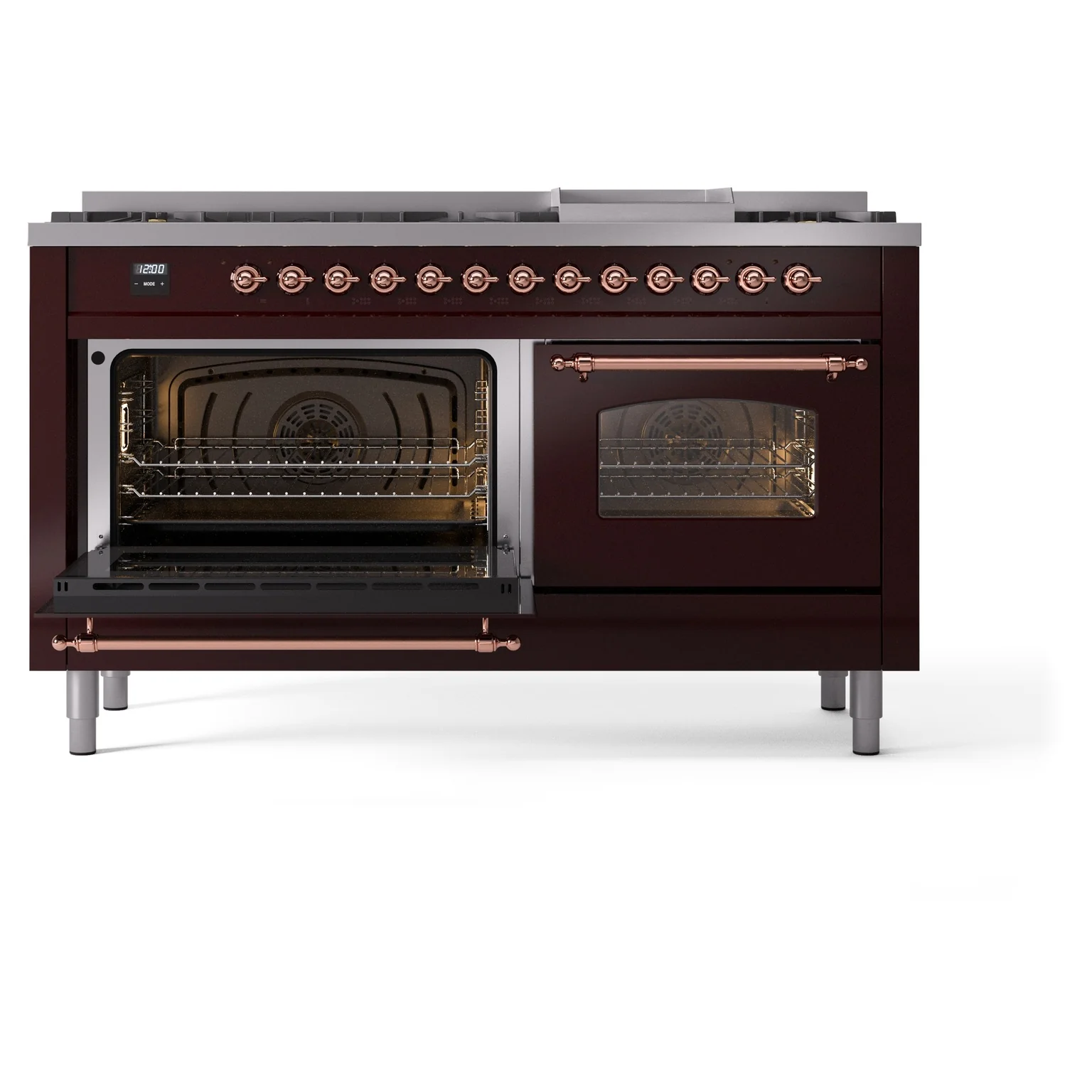 ILVE 60-Inch Nostalgie II Natural Gas Dual Fuel Range with 9 Burners, Griddle and Triple Glass Door Oven in Burgundy with Copper Trim (UP60FNMPBUP) - Image 6
