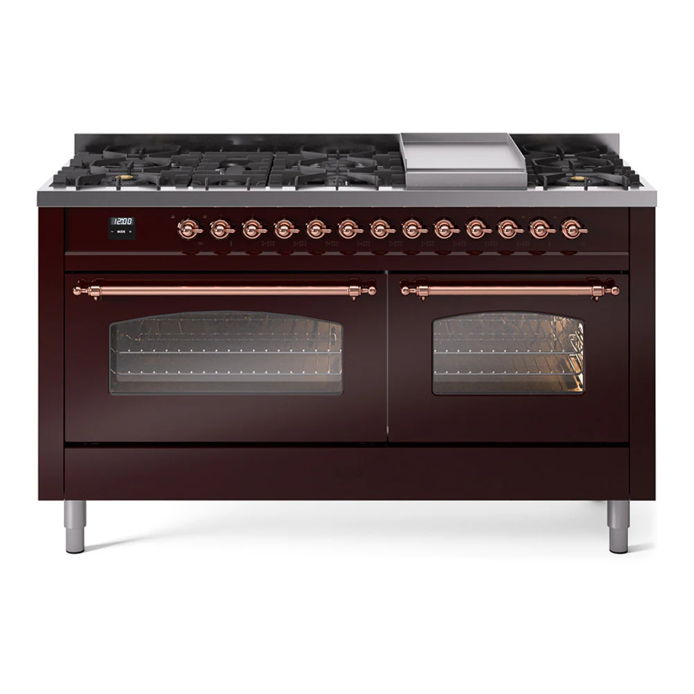 ILVE 60-Inch Nostalgie II Natural Gas Dual Fuel Range with 9 Burners, Griddle and Triple Glass Door Oven in Burgundy with Copper Trim (UP60FNMPBUP) - Image 7