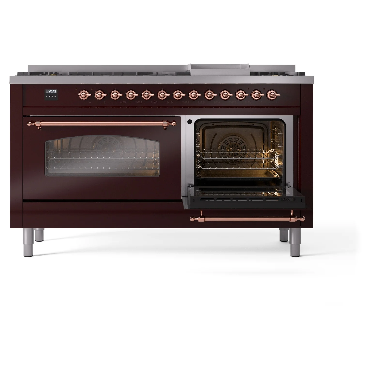 ILVE 60-Inch Nostalgie II Natural Gas Dual Fuel Range with 9 Burners, Griddle and Triple Glass Door Oven in Burgundy with Copper Trim (UP60FNMPBUP) - Image 8
