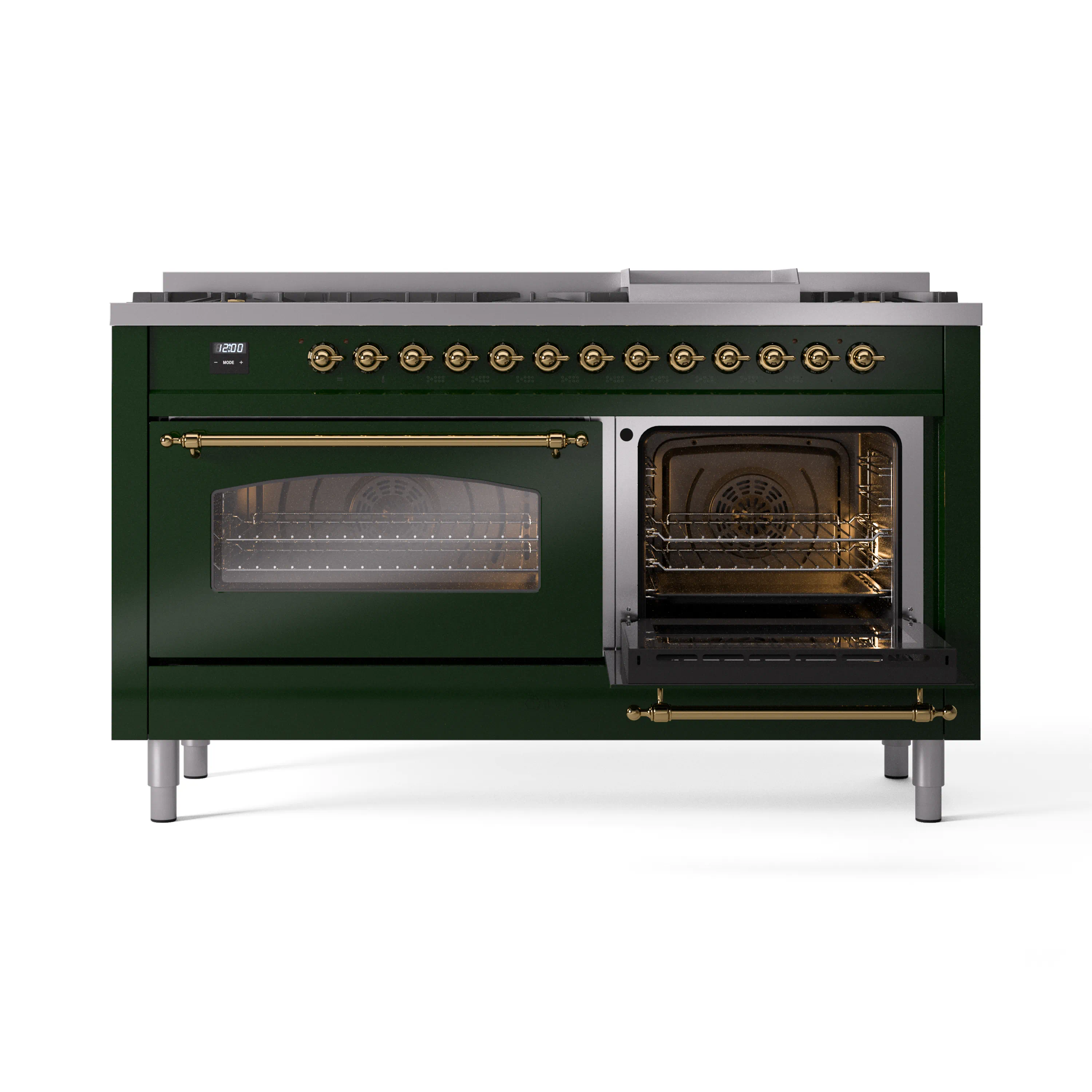 ILVE 60-Inch Nostalgie II Natural Gas Dual Fuel Range with 9 Burners, Griddle and Triple Glass Door Oven in Emerald Green with Brass Trim (UP60FNMPEGG) - Image 2