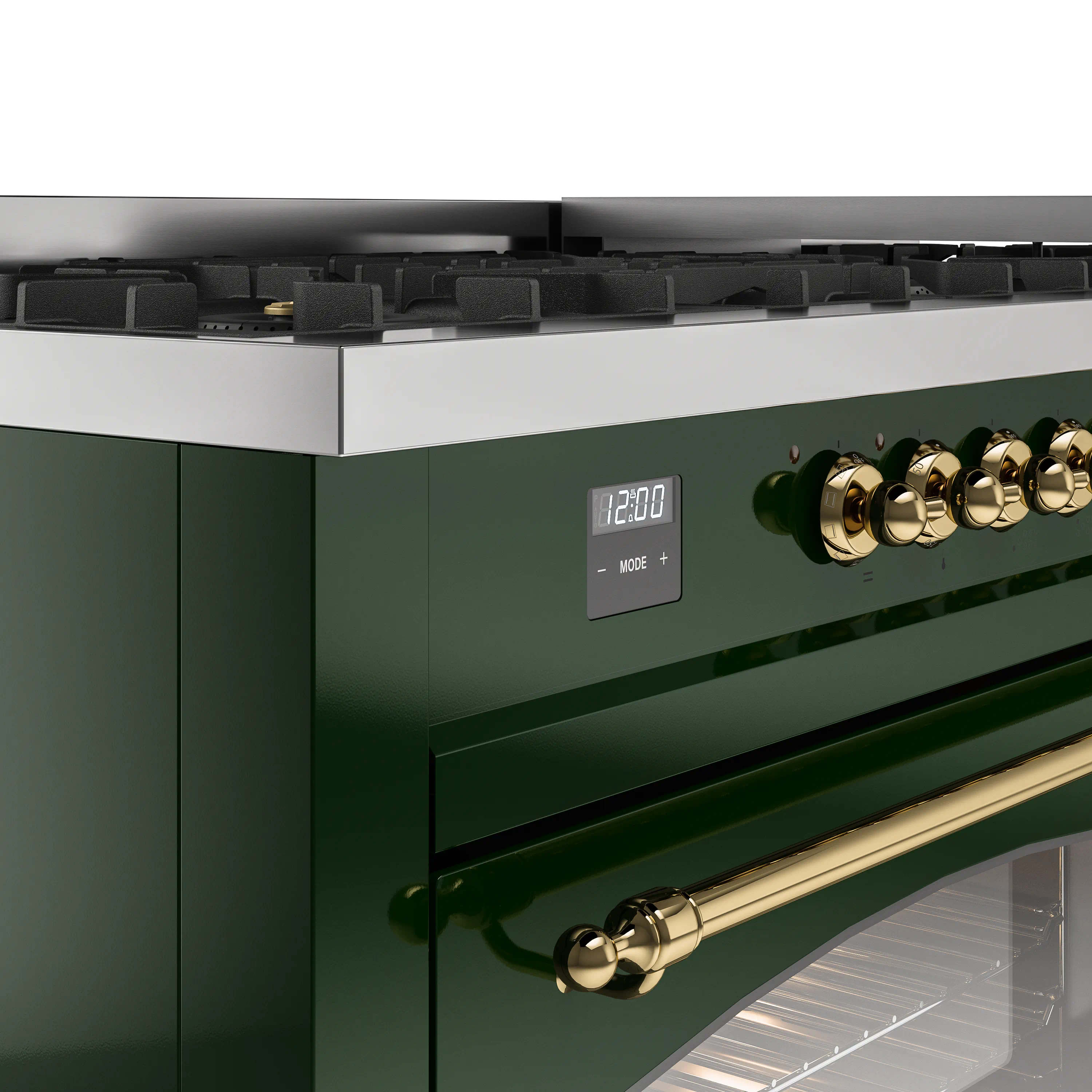 ILVE 60-Inch Nostalgie II Natural Gas Dual Fuel Range with 9 Burners, Griddle and Triple Glass Door Oven in Emerald Green with Brass Trim (UP60FNMPEGG) - Image 3