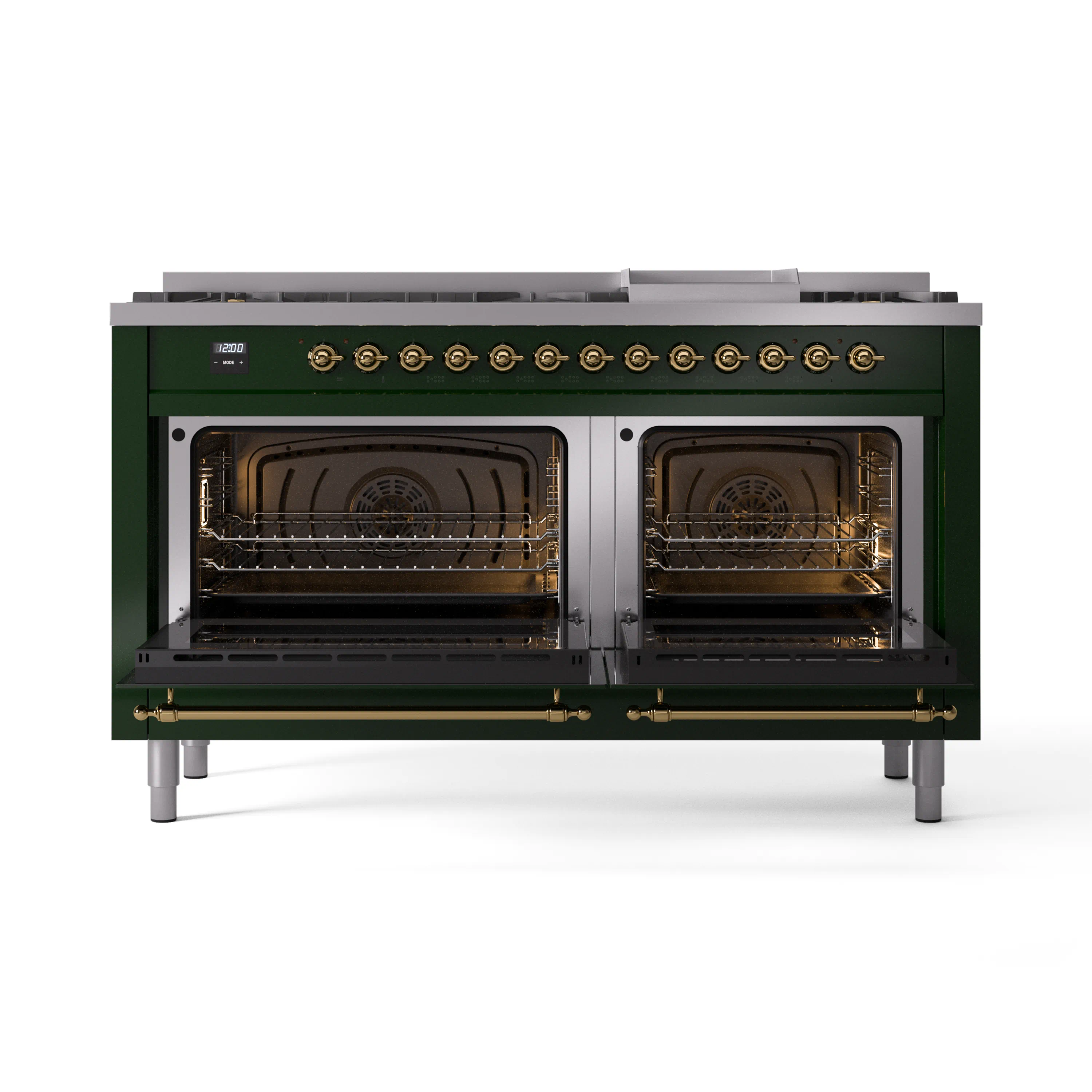 ILVE 60-Inch Nostalgie II Natural Gas Dual Fuel Range with 9 Burners, Griddle and Triple Glass Door Oven in Emerald Green with Brass Trim (UP60FNMPEGG) - Image 5