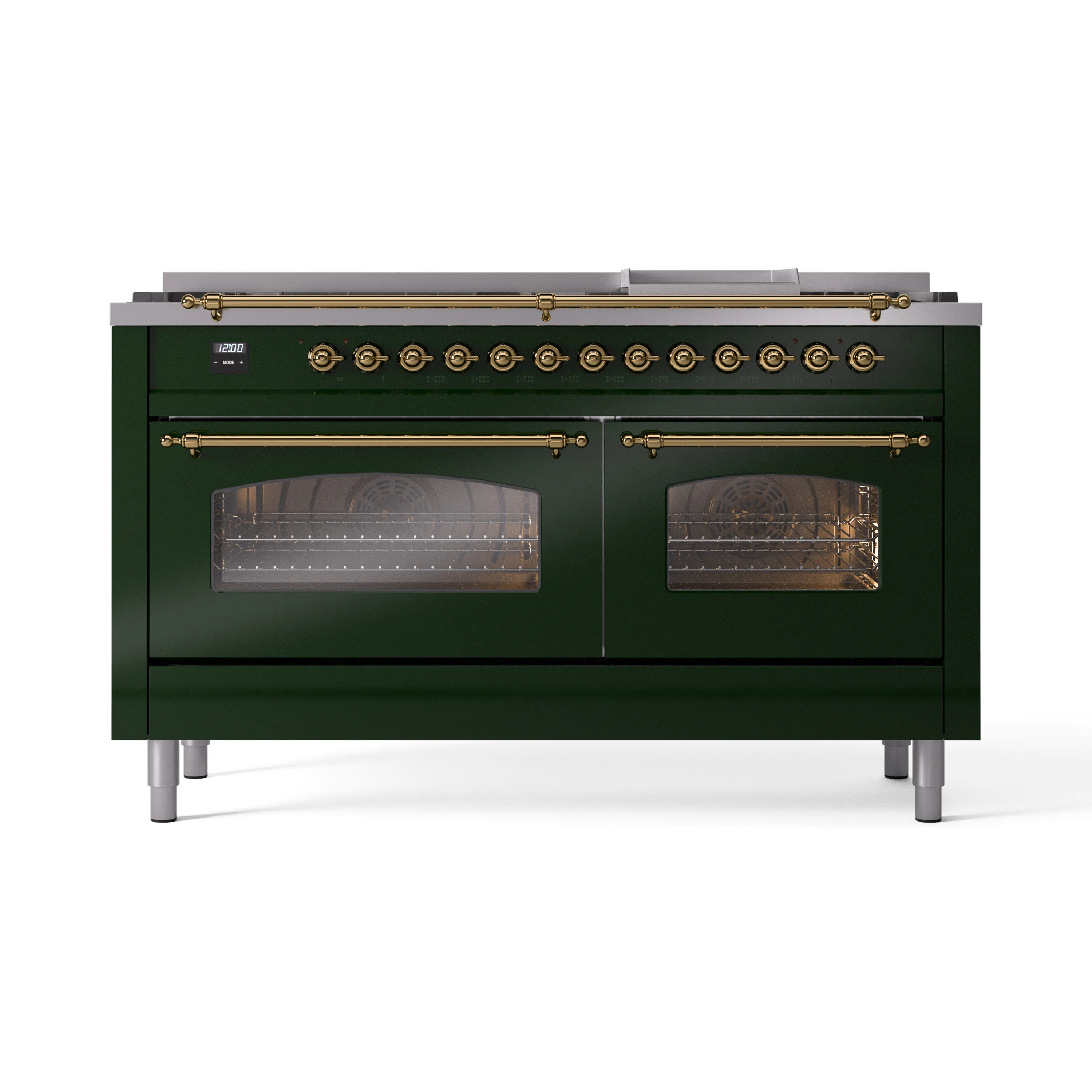 ILVE 60-Inch Nostalgie II Natural Gas Dual Fuel Range with 9 Burners, Griddle and Triple Glass Door Oven in Emerald Green with Brass Trim (UP60FNMPEGG) - Image 6