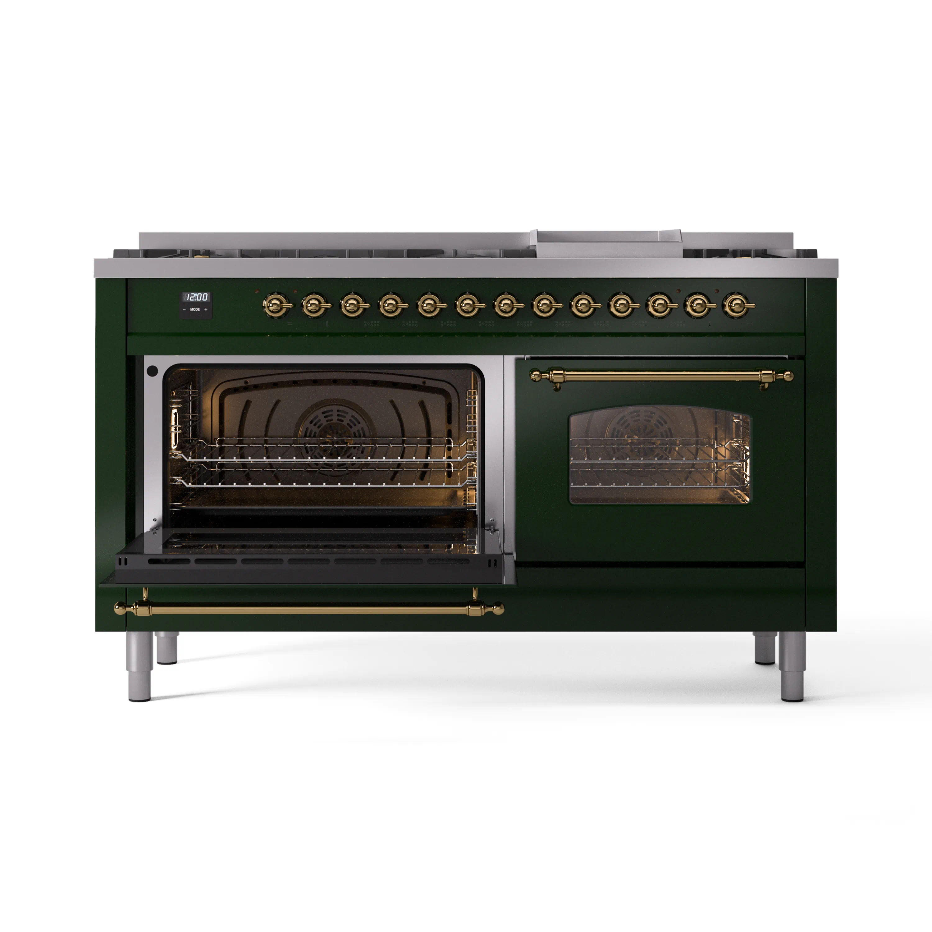 ILVE 60-Inch Nostalgie II Natural Gas Dual Fuel Range with 9 Burners, Griddle and Triple Glass Door Oven in Emerald Green with Brass Trim (UP60FNMPEGG) - Image 7