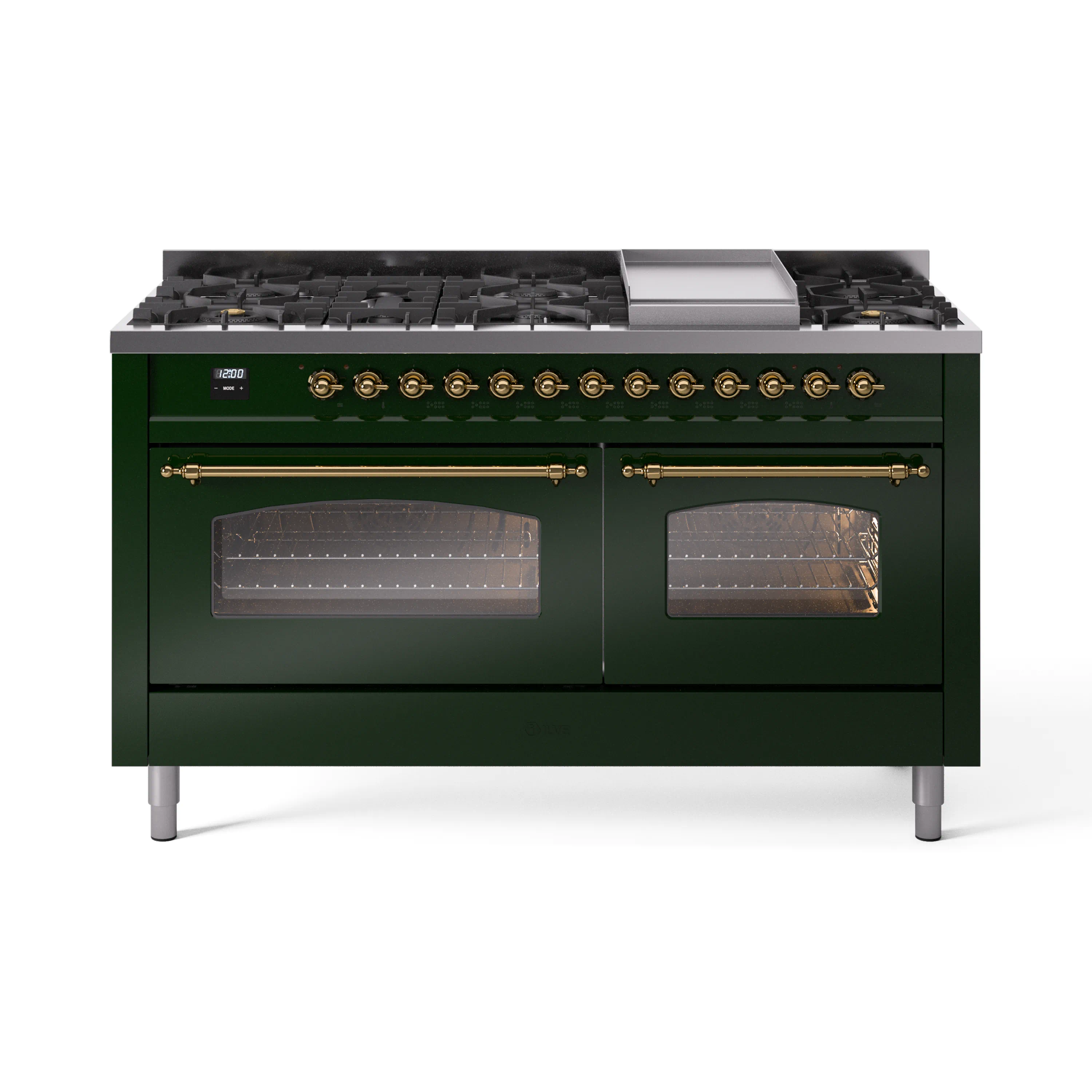 ILVE 60-Inch Nostalgie II Natural Gas Dual Fuel Range with 9 Burners, Griddle and Triple Glass Door Oven in Emerald Green with Brass Trim (UP60FNMPEGG) - Image 8