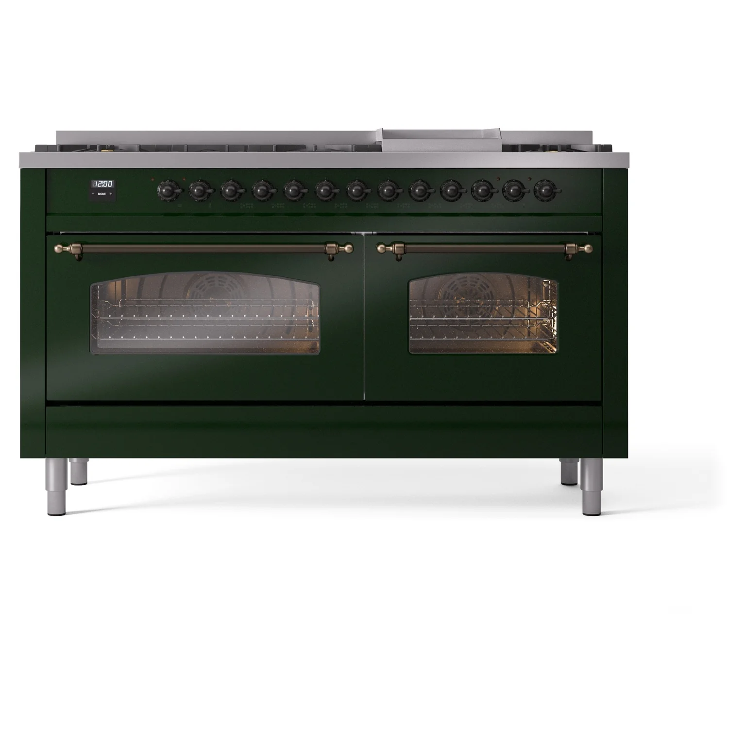 ILVE 60-Inch Nostalgie II Natural Gas Dual Fuel Range with 9 Burners, Griddle and Triple Glass Door Oven in Emerald Green with Bronze Trim (UP60FNMPEGB) - Image 2