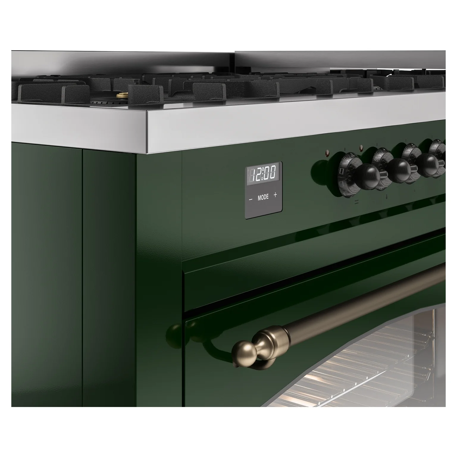ILVE 60-Inch Nostalgie II Natural Gas Dual Fuel Range with 9 Burners, Griddle and Triple Glass Door Oven in Emerald Green with Bronze Trim (UP60FNMPEGB) - Image 3