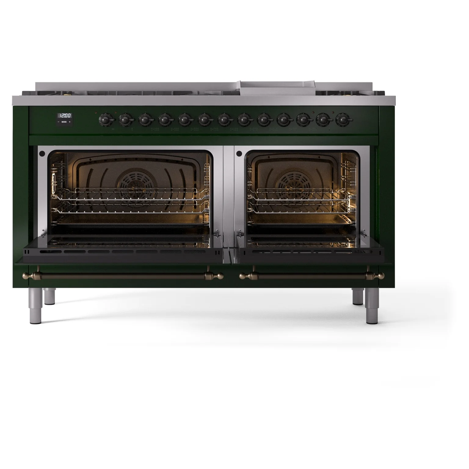 ILVE 60-Inch Nostalgie II Natural Gas Dual Fuel Range with 9 Burners, Griddle and Triple Glass Door Oven in Emerald Green with Bronze Trim (UP60FNMPEGB) - Image 5