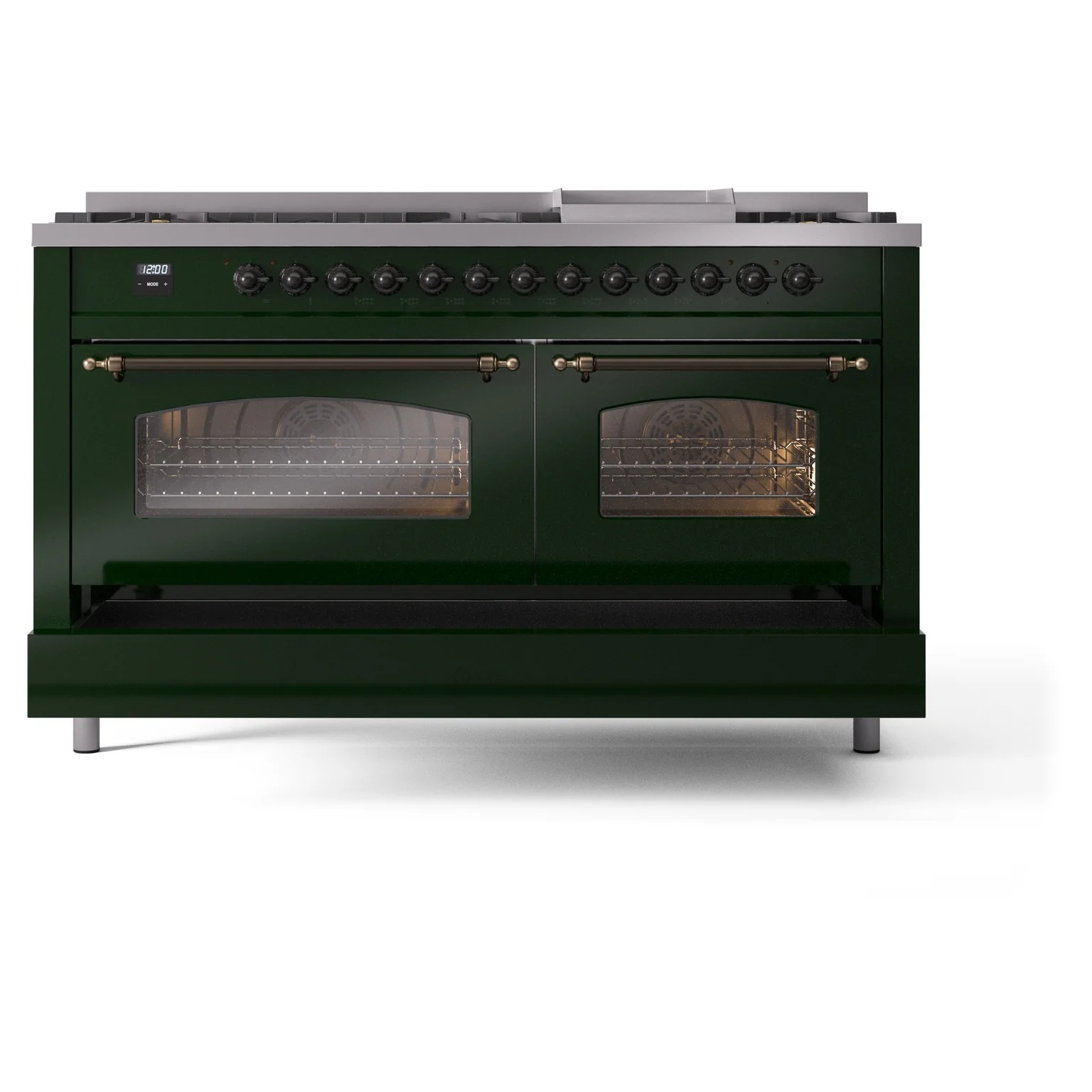 ILVE 60-Inch Nostalgie II Natural Gas Dual Fuel Range with 9 Burners, Griddle and Triple Glass Door Oven in Emerald Green with Bronze Trim (UP60FNMPEGB) - Image 6