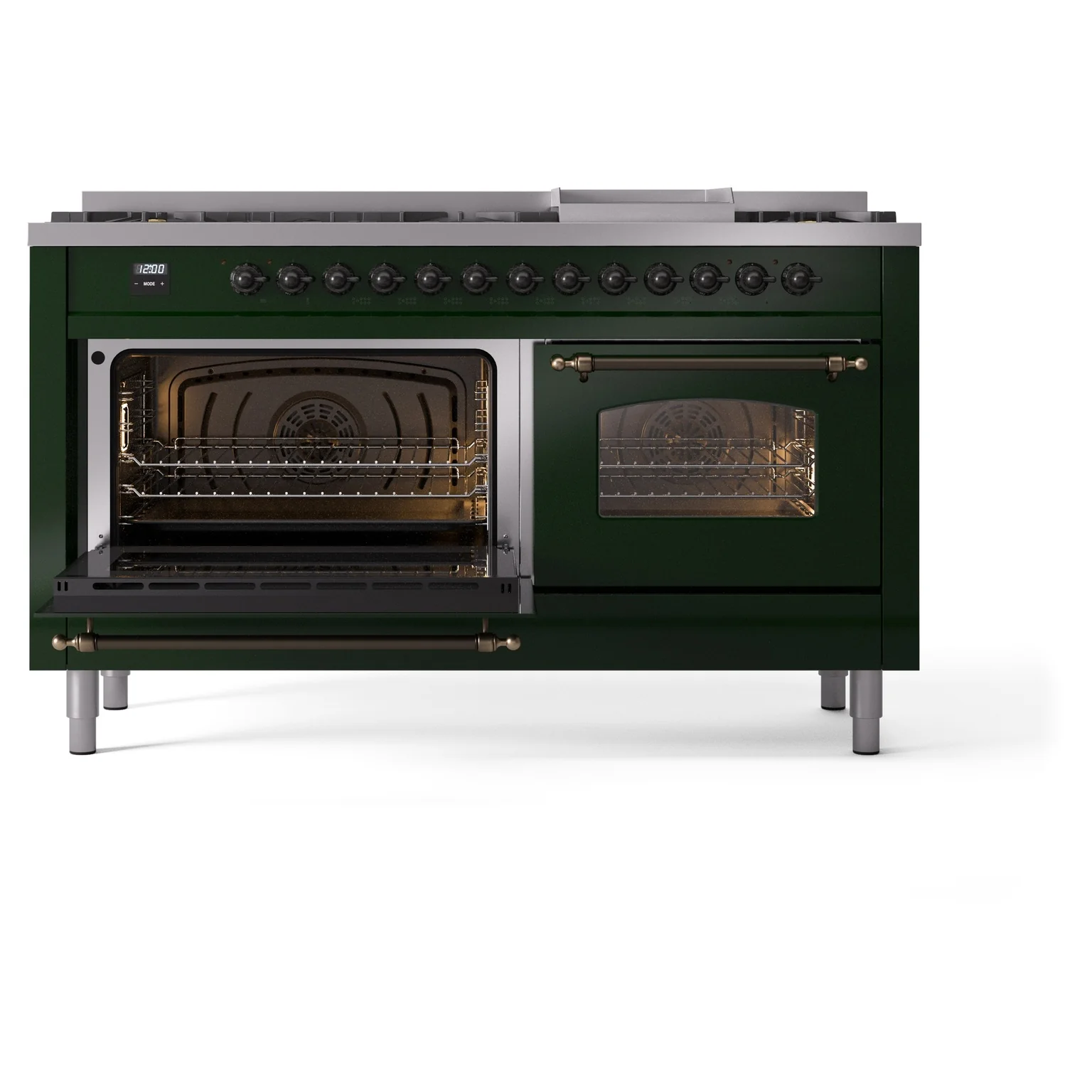 ILVE 60-Inch Nostalgie II Natural Gas Dual Fuel Range with 9 Burners, Griddle and Triple Glass Door Oven in Emerald Green with Bronze Trim (UP60FNMPEGB) - Image 7