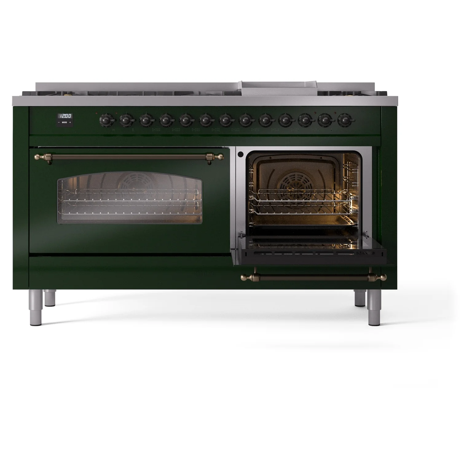 ILVE 60-Inch Nostalgie II Natural Gas Dual Fuel Range with 9 Burners, Griddle and Triple Glass Door Oven in Emerald Green with Bronze Trim (UP60FNMPEGB) - Image 8