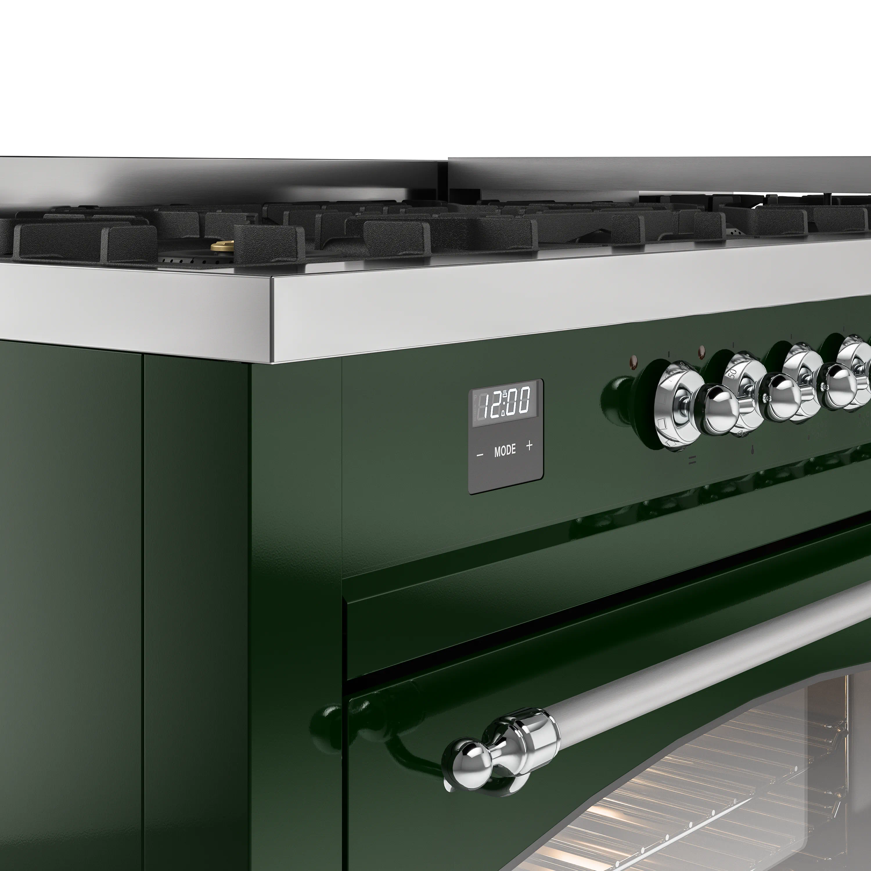 ILVE 60-Inch Nostalgie II Natural Gas Dual Fuel Range with 9 Burners, Griddle and Triple Glass Door Oven in Emerald Green with Chrome Trim (UP60FNMPEGC) - Image 3