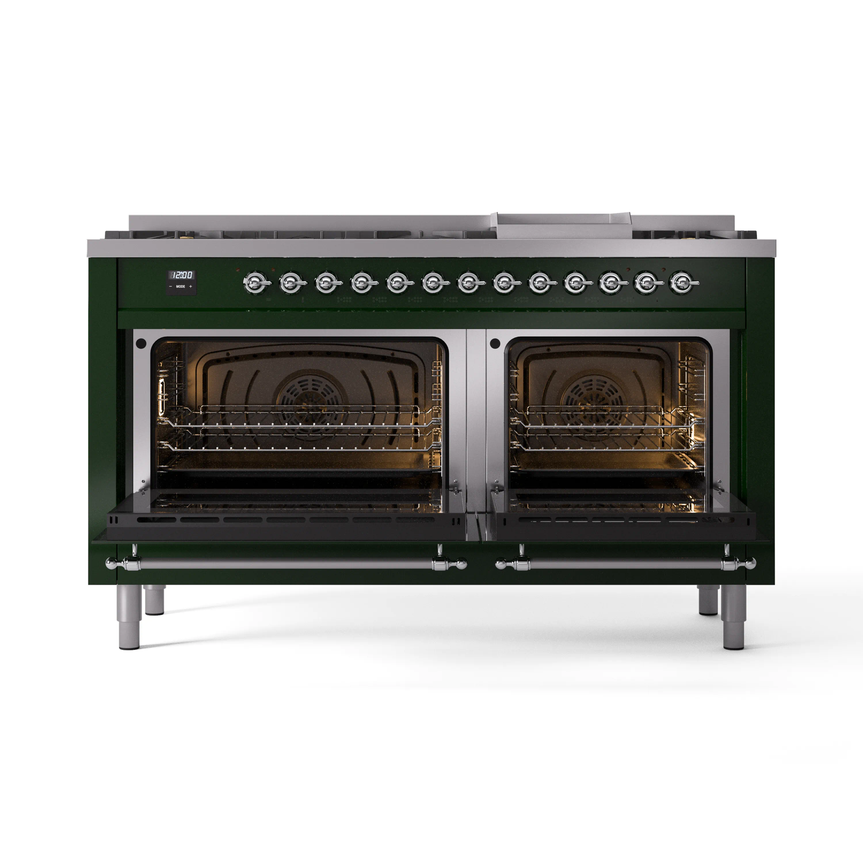 ILVE 60-Inch Nostalgie II Natural Gas Dual Fuel Range with 9 Burners, Griddle and Triple Glass Door Oven in Emerald Green with Chrome Trim (UP60FNMPEGC) - Image 5