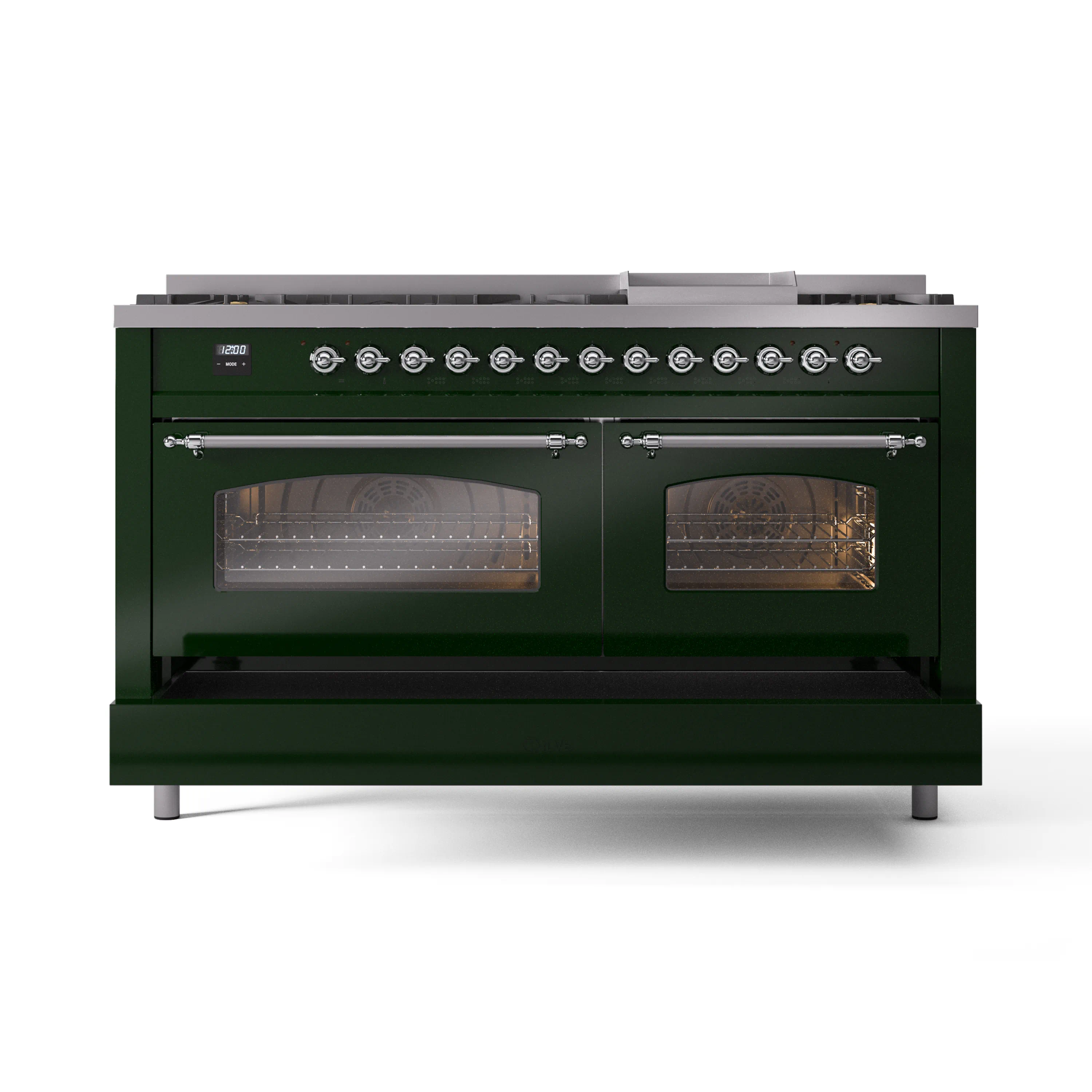 ILVE 60-Inch Nostalgie II Natural Gas Dual Fuel Range with 9 Burners, Griddle and Triple Glass Door Oven in Emerald Green with Chrome Trim (UP60FNMPEGC) - Image 6