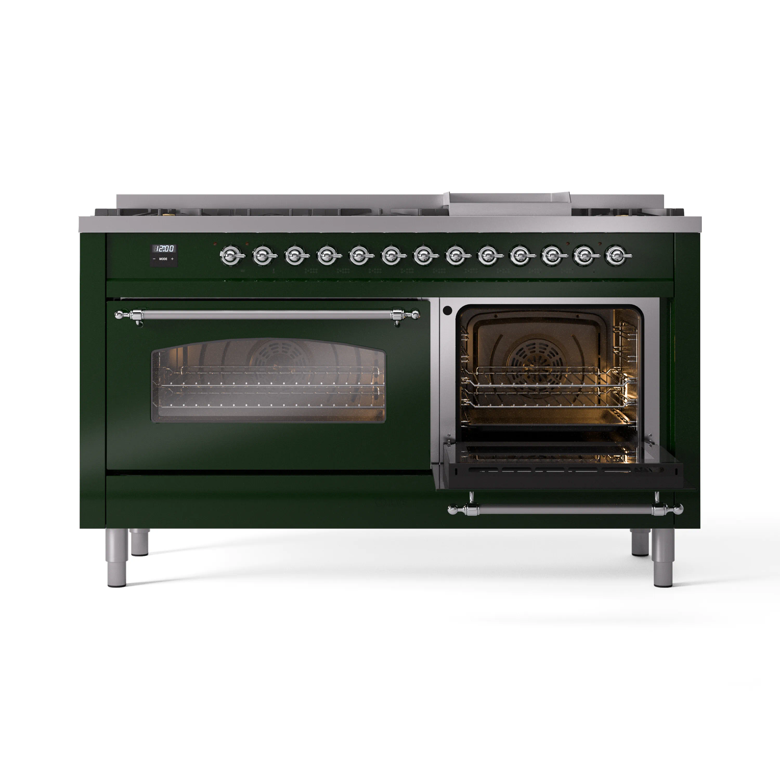 ILVE 60-Inch Nostalgie II Natural Gas Dual Fuel Range with 9 Burners, Griddle and Triple Glass Door Oven in Emerald Green with Chrome Trim (UP60FNMPEGC) - Image 7