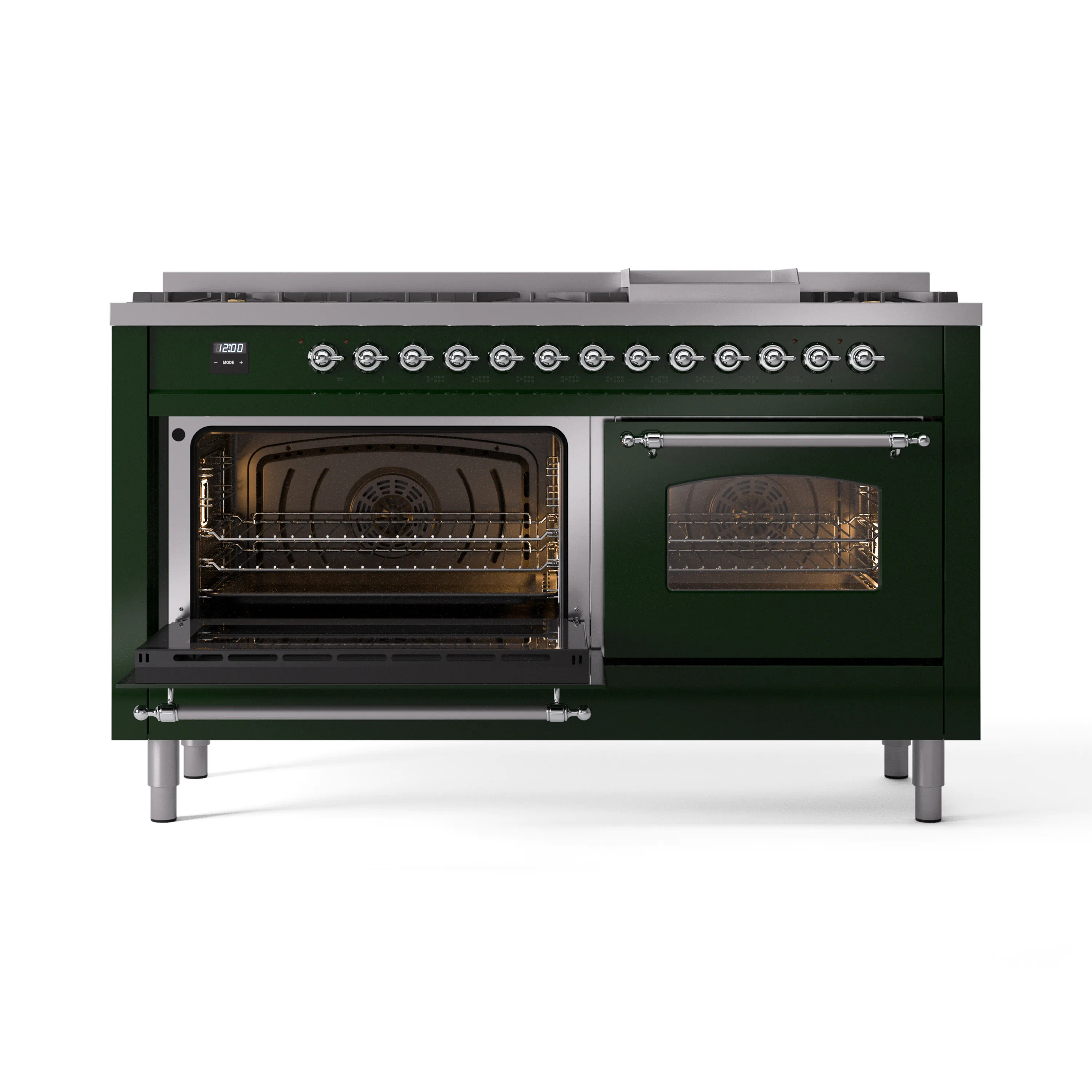 ILVE 60-Inch Nostalgie II Natural Gas Dual Fuel Range with 9 Burners, Griddle and Triple Glass Door Oven in Emerald Green with Chrome Trim (UP60FNMPEGC) - Image 8