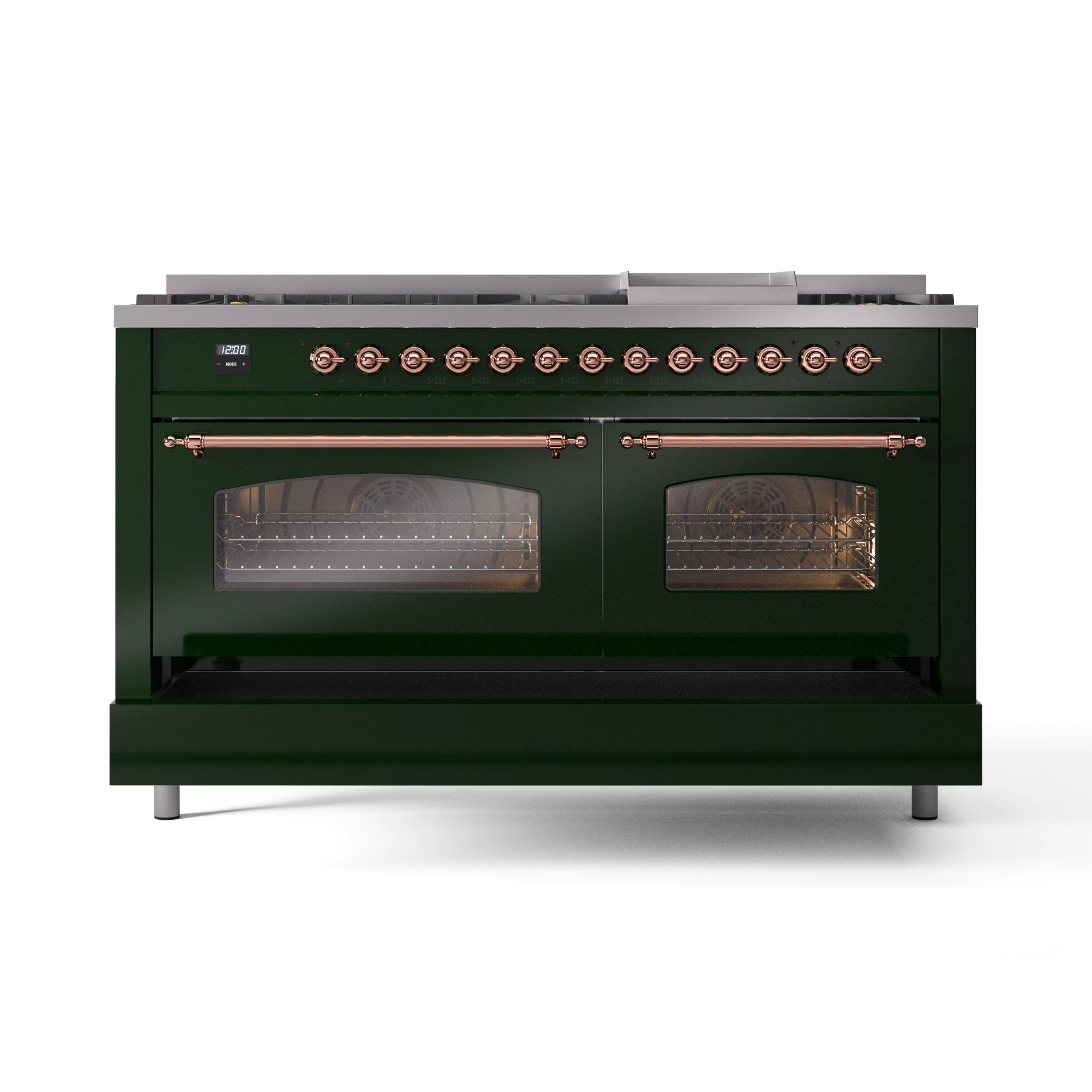 ILVE 60-Inch Nostalgie II Natural Gas Dual Fuel Range with 9 Burners, Griddle and Triple Glass Door Oven in Emerald Green with Copper Trim (UP60FNMPEGP) - Image 2