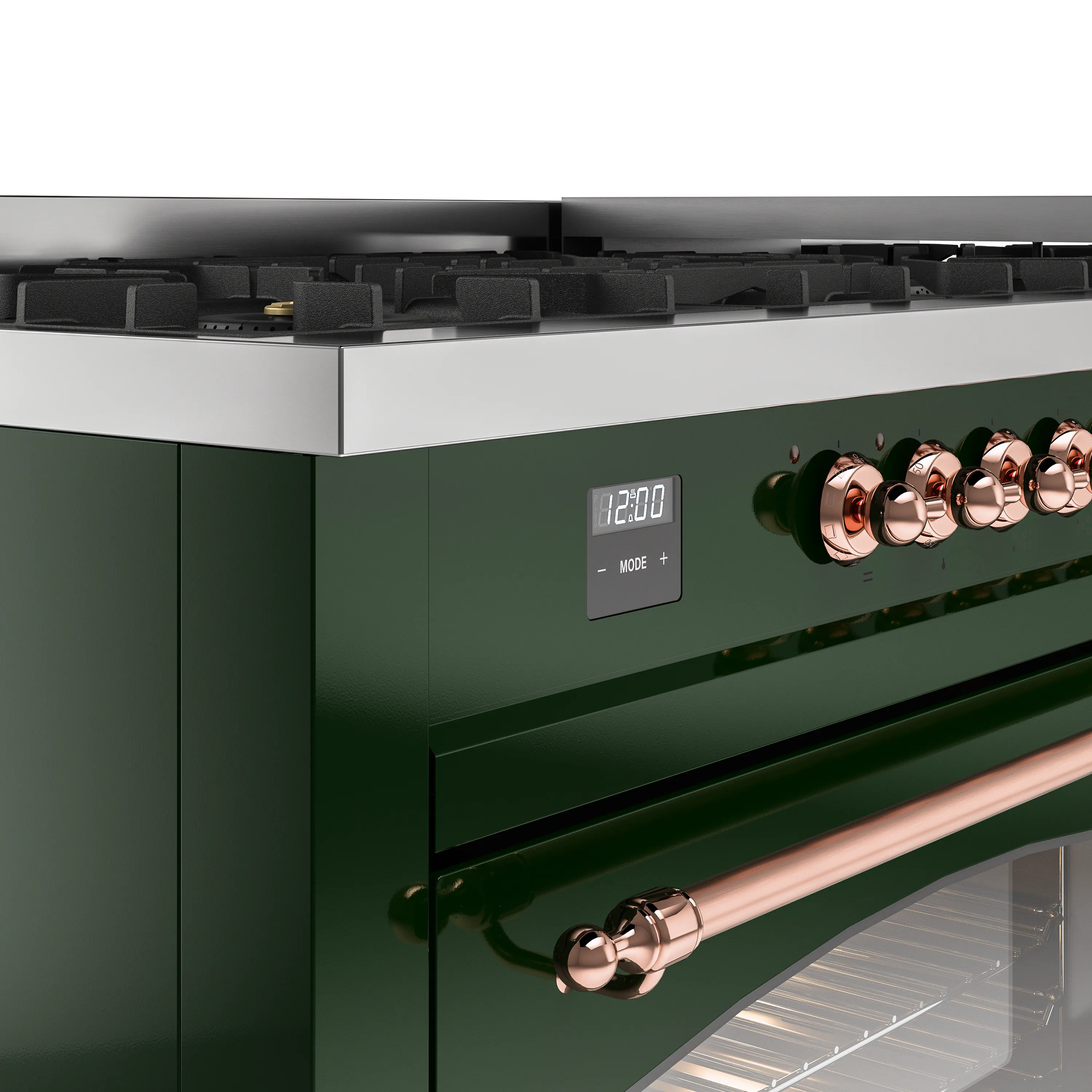 ILVE 60-Inch Nostalgie II Natural Gas Dual Fuel Range with 9 Burners, Griddle and Triple Glass Door Oven in Emerald Green with Copper Trim (UP60FNMPEGP) - Image 3