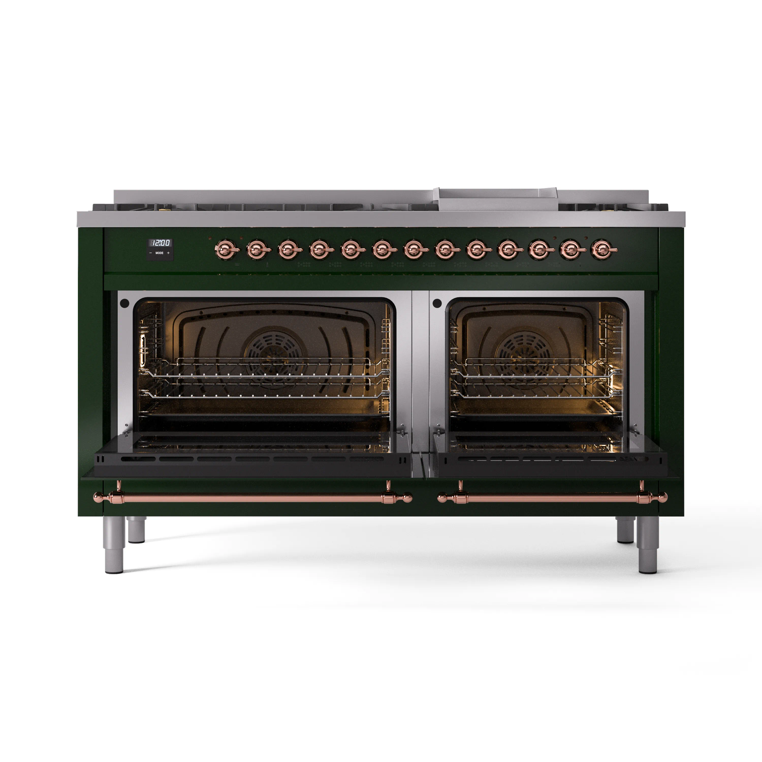 ILVE 60-Inch Nostalgie II Natural Gas Dual Fuel Range with 9 Burners, Griddle and Triple Glass Door Oven in Emerald Green with Copper Trim (UP60FNMPEGP) - Image 5