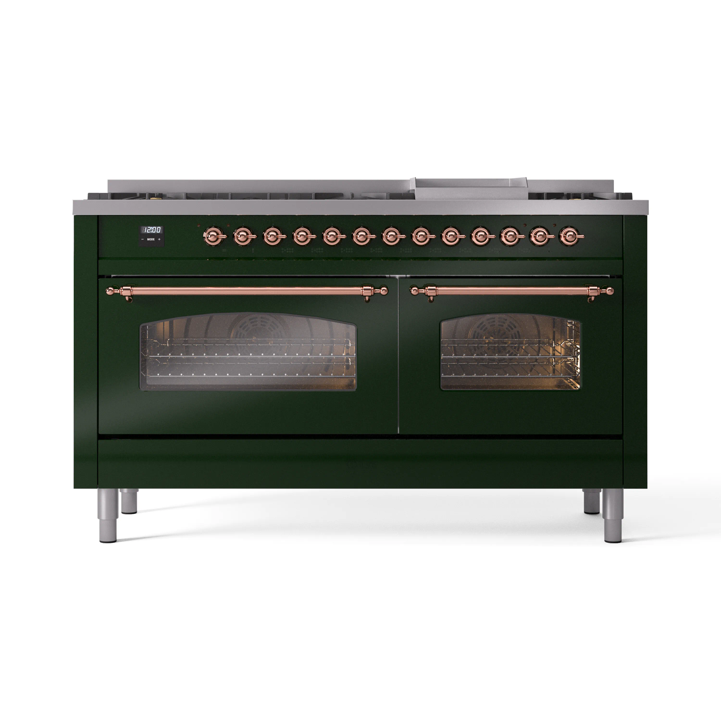 ILVE 60-Inch Nostalgie II Natural Gas Dual Fuel Range with 9 Burners, Griddle and Triple Glass Door Oven in Emerald Green with Copper Trim (UP60FNMPEGP) - Image 6
