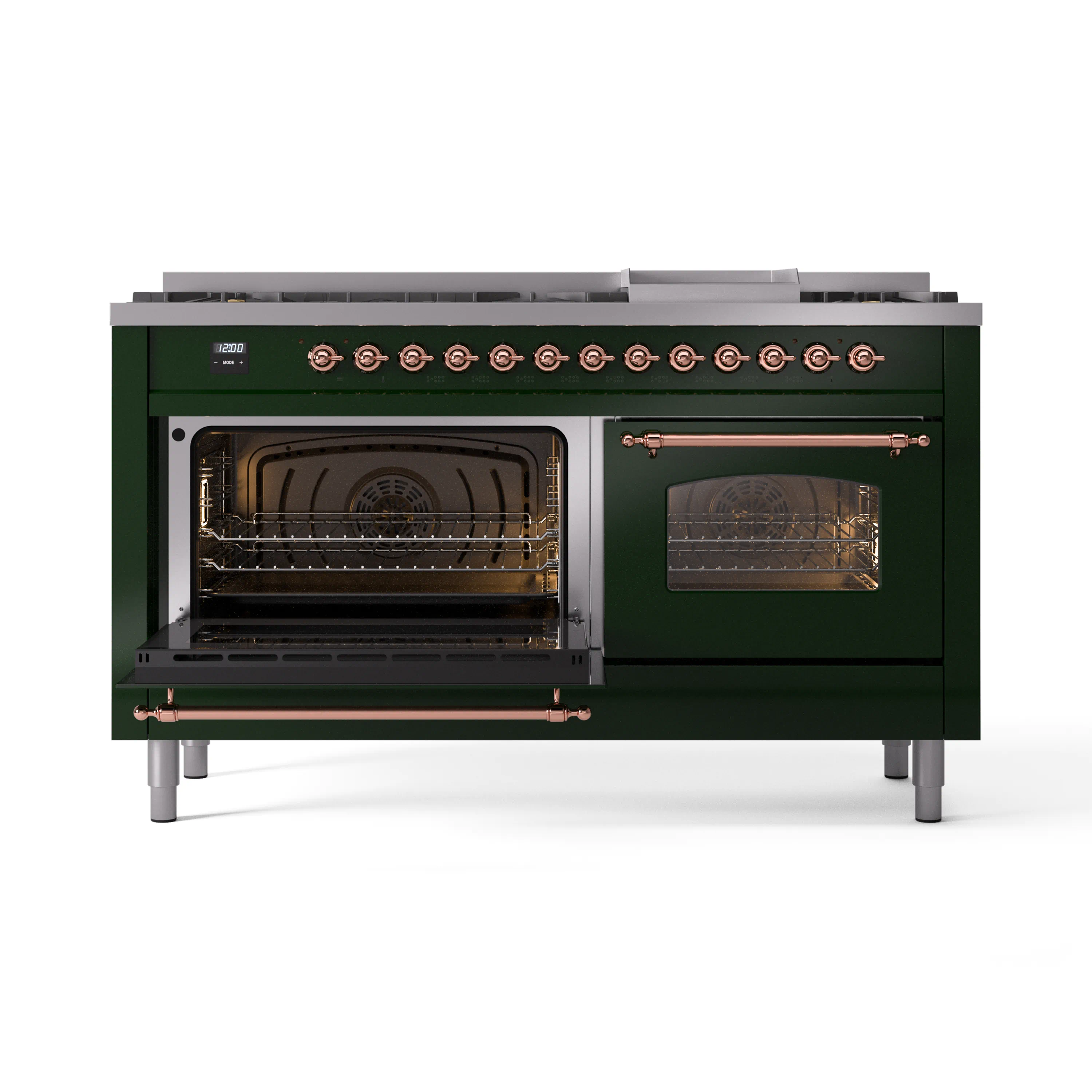 ILVE 60-Inch Nostalgie II Natural Gas Dual Fuel Range with 9 Burners, Griddle and Triple Glass Door Oven in Emerald Green with Copper Trim (UP60FNMPEGP) - Image 7