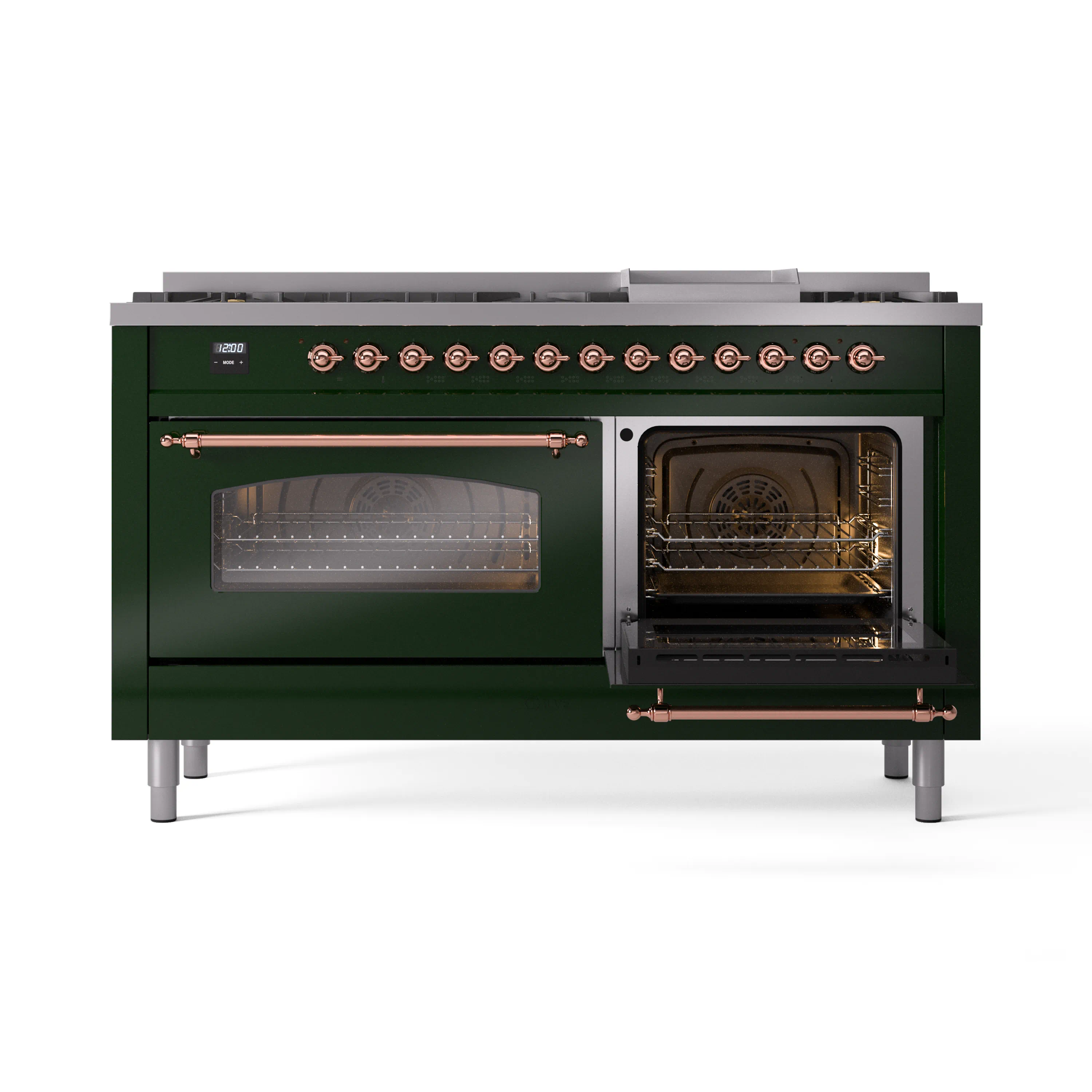 ILVE 60-Inch Nostalgie II Natural Gas Dual Fuel Range with 9 Burners, Griddle and Triple Glass Door Oven in Emerald Green with Copper Trim (UP60FNMPEGP) - Image 8