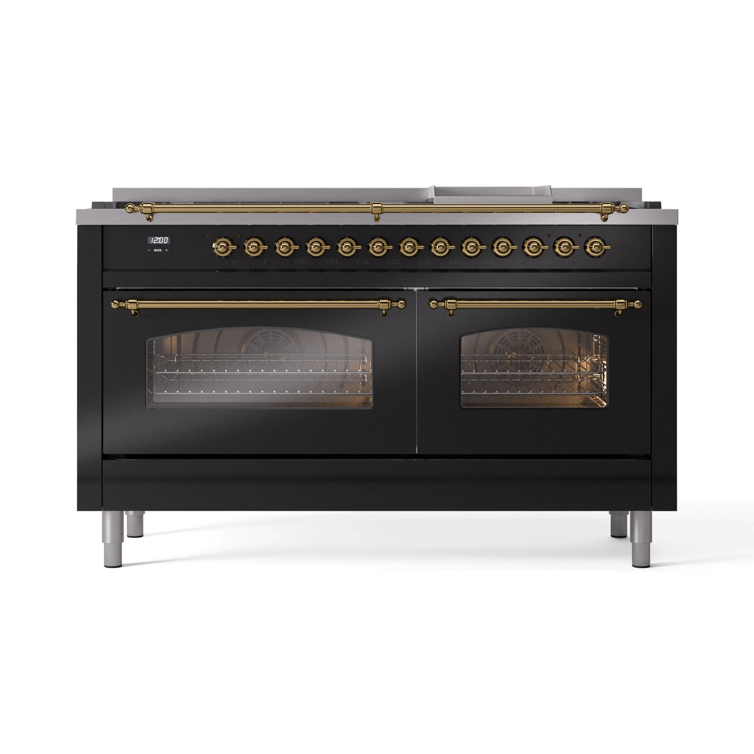ILVE 60-Inch Nostalgie II Natural Gas Dual Fuel Range with 9 Burners, Griddle and Triple Glass Door Oven in Glossy Black with Brass Trim (UP60FNMPBKG) - Image 2