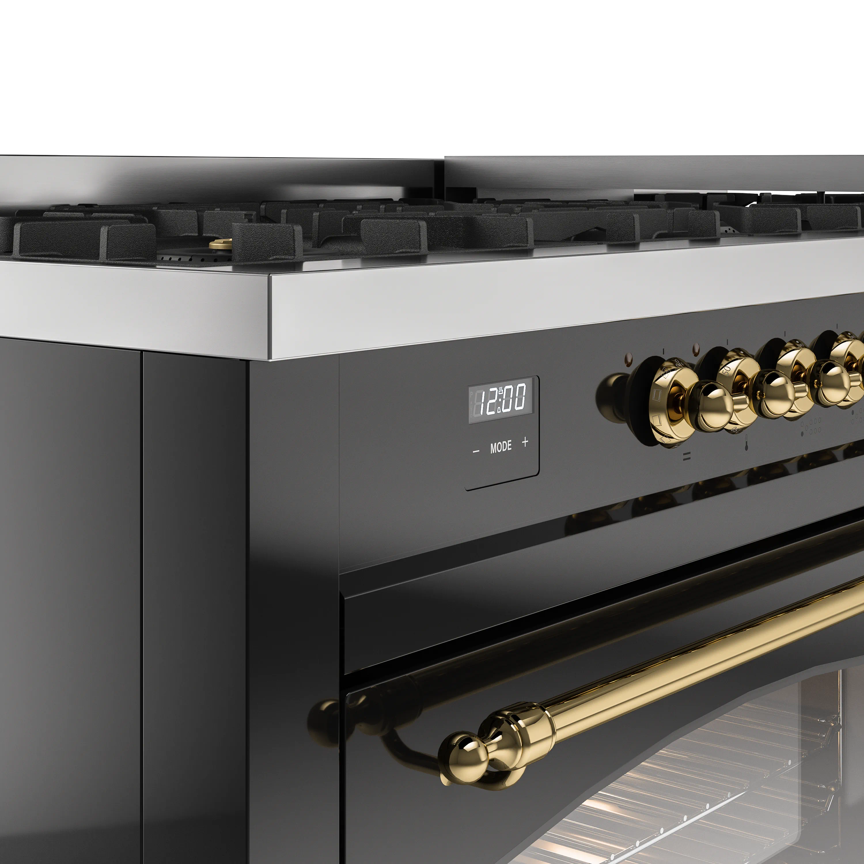 ILVE 60-Inch Nostalgie II Natural Gas Dual Fuel Range with 9 Burners, Griddle and Triple Glass Door Oven in Glossy Black with Brass Trim (UP60FNMPBKG) - Image 3