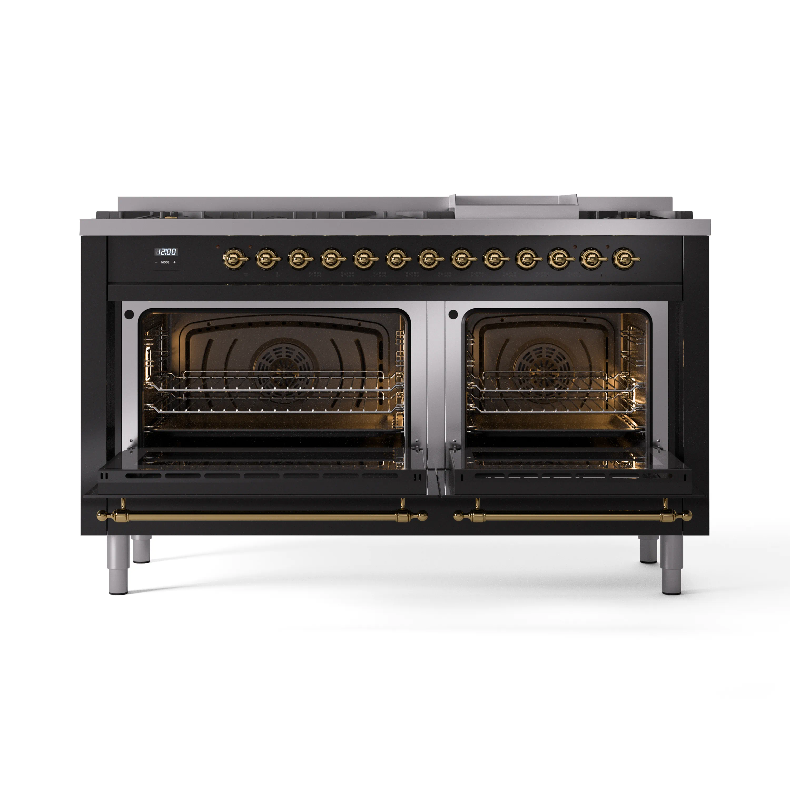 ILVE 60-Inch Nostalgie II Natural Gas Dual Fuel Range with 9 Burners, Griddle and Triple Glass Door Oven in Glossy Black with Brass Trim (UP60FNMPBKG) - Image 5