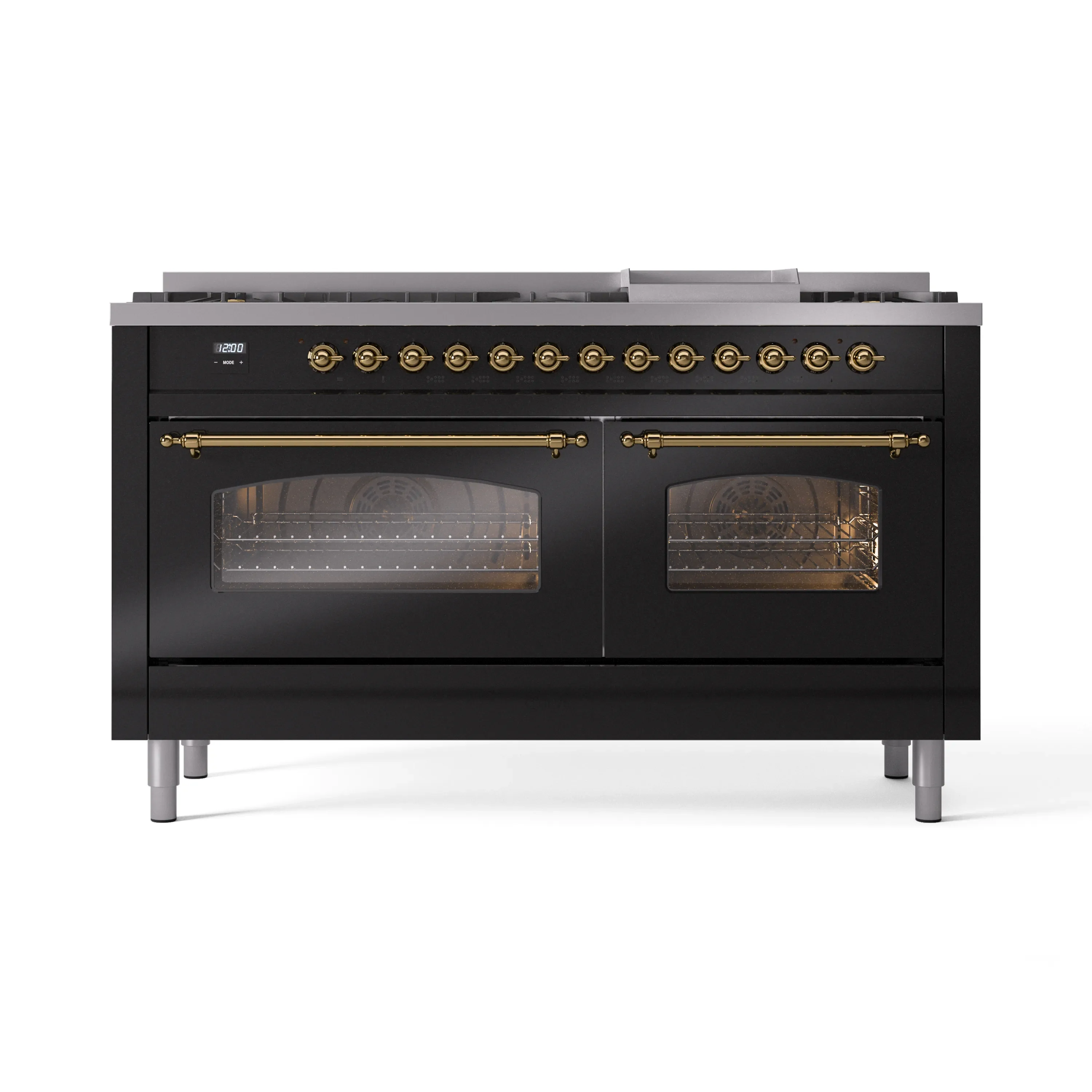 ILVE 60-Inch Nostalgie II Natural Gas Dual Fuel Range with 9 Burners, Griddle and Triple Glass Door Oven in Glossy Black with Brass Trim (UP60FNMPBKG) - Image 6