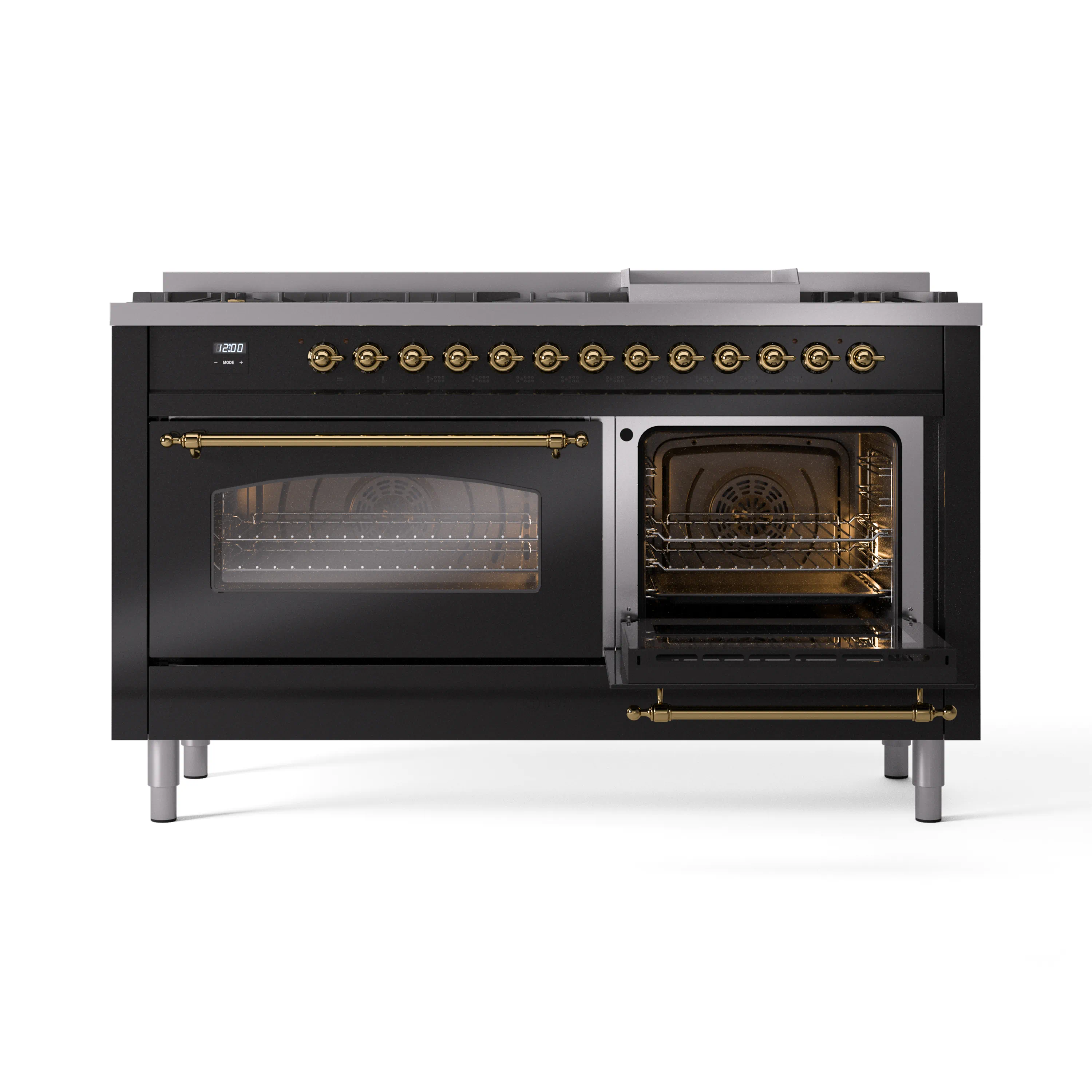 ILVE 60-Inch Nostalgie II Natural Gas Dual Fuel Range with 9 Burners, Griddle and Triple Glass Door Oven in Glossy Black with Brass Trim (UP60FNMPBKG) - Image 7
