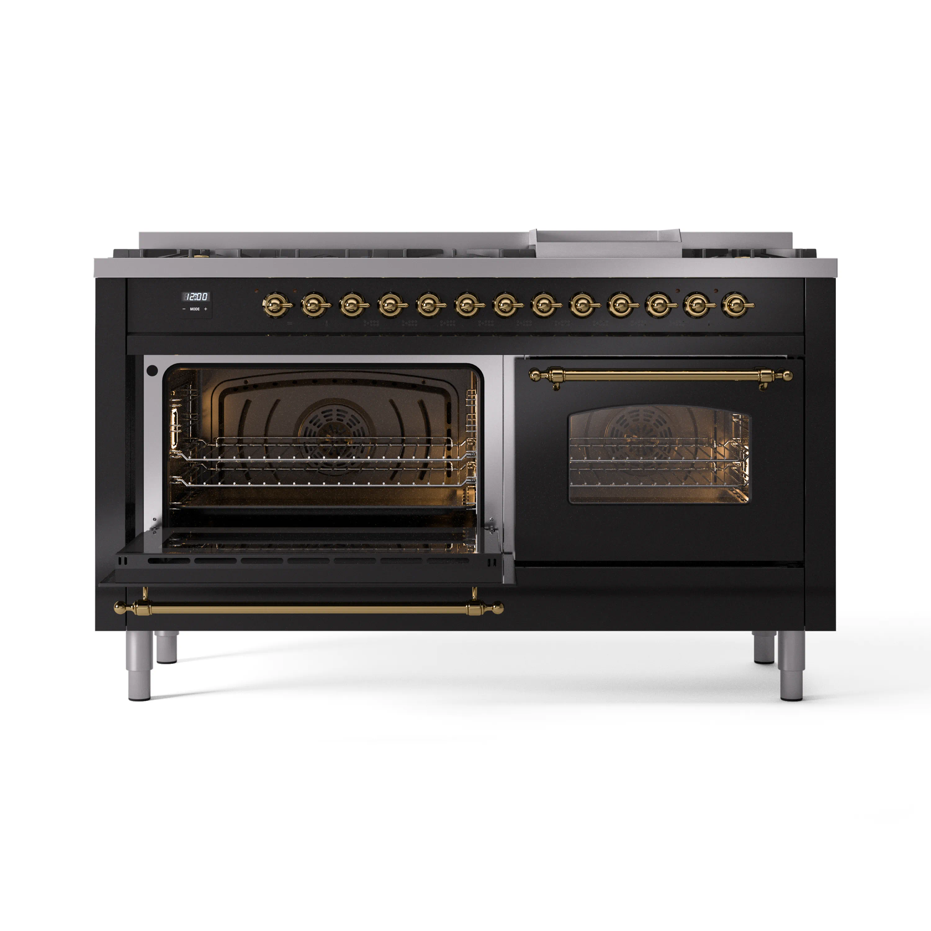 ILVE 60-Inch Nostalgie II Natural Gas Dual Fuel Range with 9 Burners, Griddle and Triple Glass Door Oven in Glossy Black with Brass Trim (UP60FNMPBKG) - Image 8