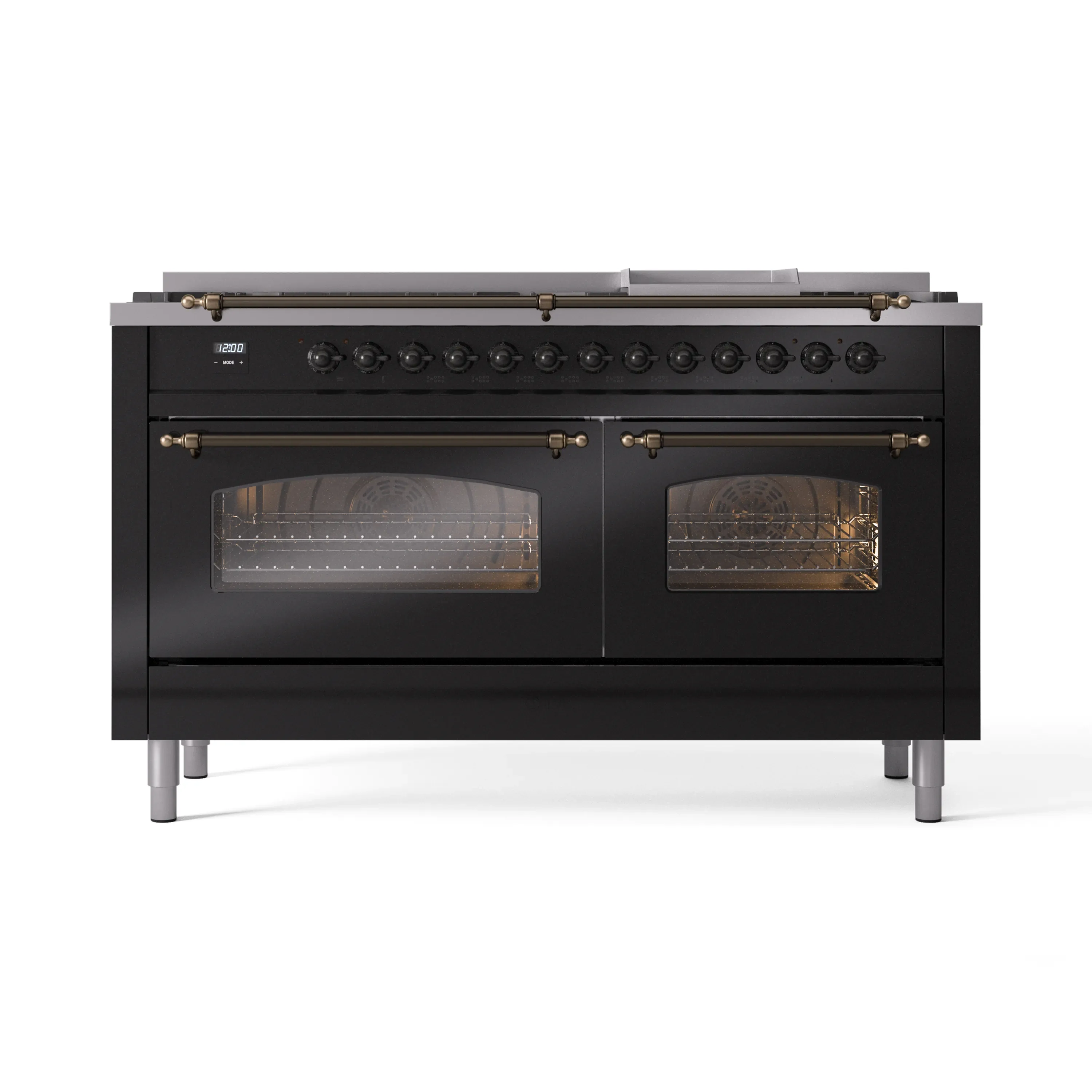 ILVE 60-Inch Nostalgie II Natural Gas Dual Fuel Range with 9 Burners, Griddle and Triple Glass Door Oven in Glossy Black with Bronze Trim (UP60FNMPBKB) - Image 2