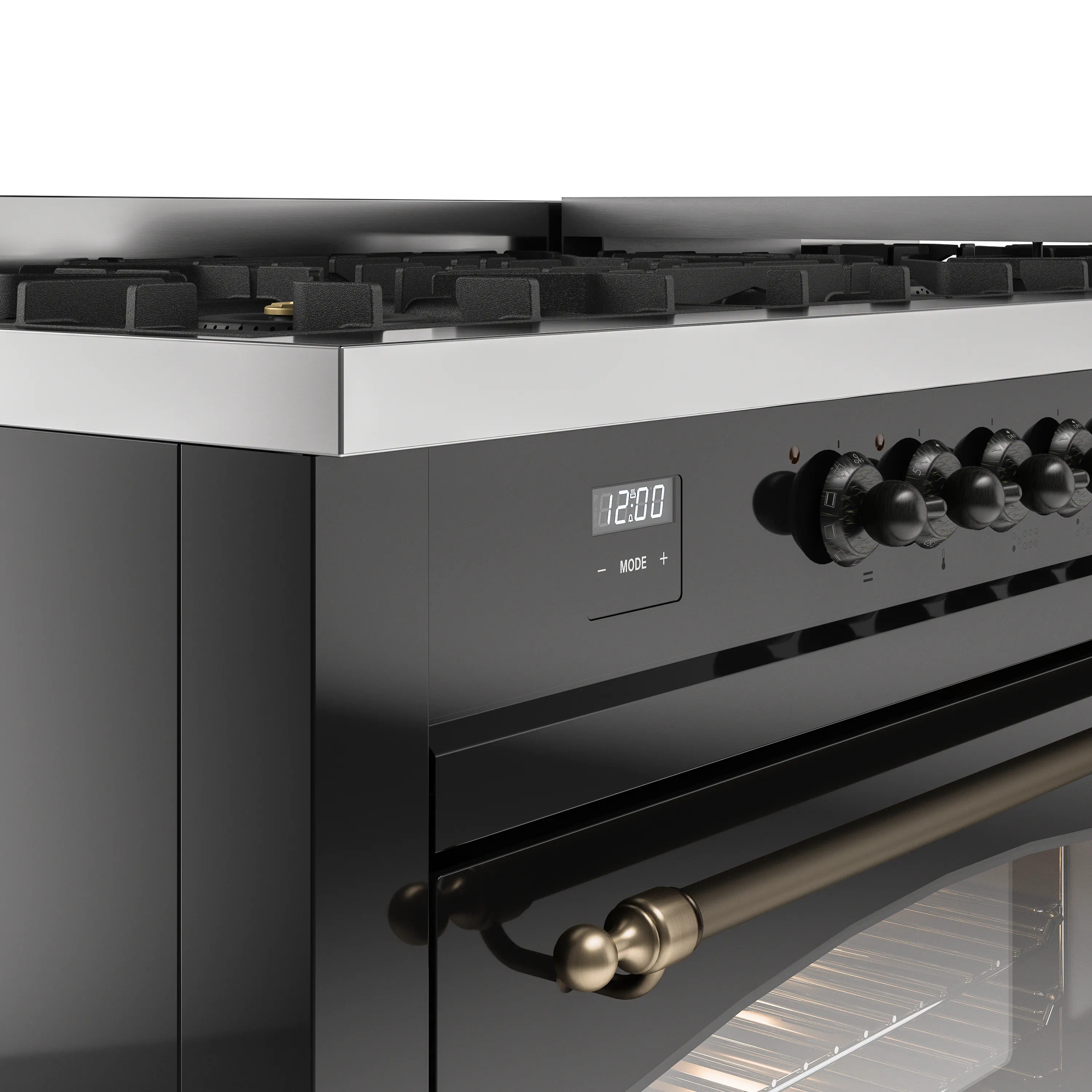 ILVE 60-Inch Nostalgie II Natural Gas Dual Fuel Range with 9 Burners, Griddle and Triple Glass Door Oven in Glossy Black with Bronze Trim (UP60FNMPBKB) - Image 3