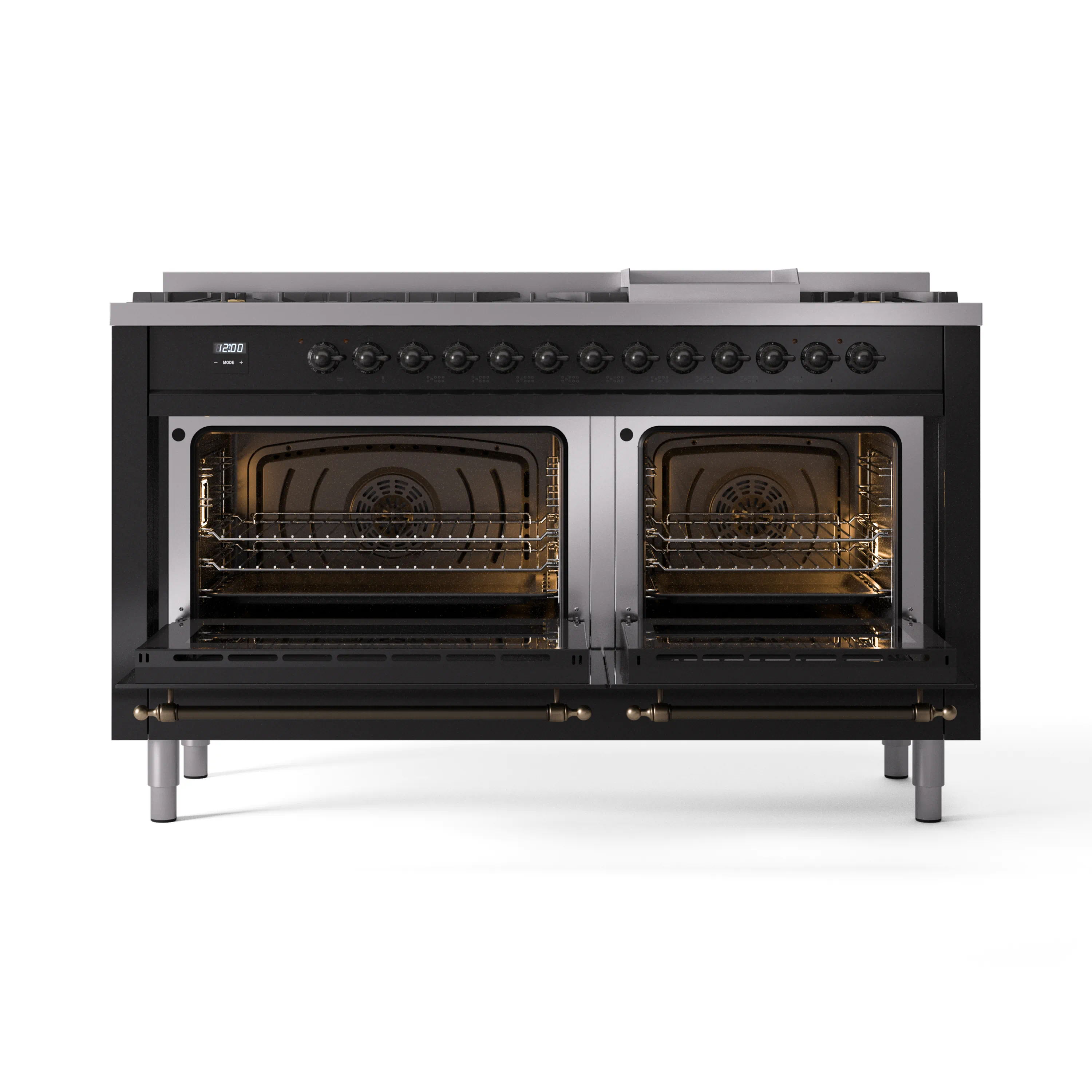 ILVE 60-Inch Nostalgie II Natural Gas Dual Fuel Range with 9 Burners, Griddle and Triple Glass Door Oven in Glossy Black with Bronze Trim (UP60FNMPBKB) - Image 5